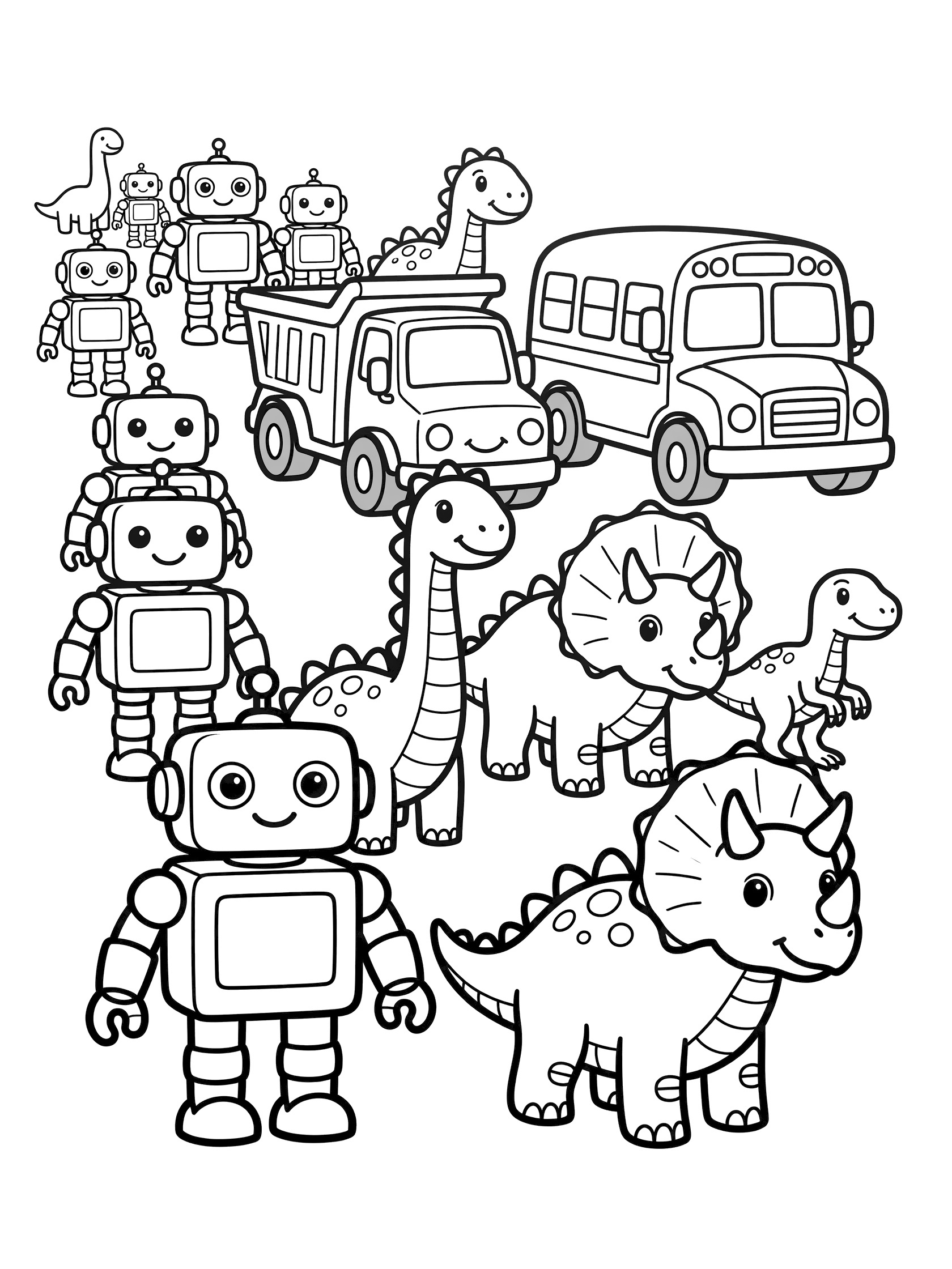 Cute friendly robot parade coloring page featuring simple geometric robots marching with friendly dinosaurs, black and white line art for kids.