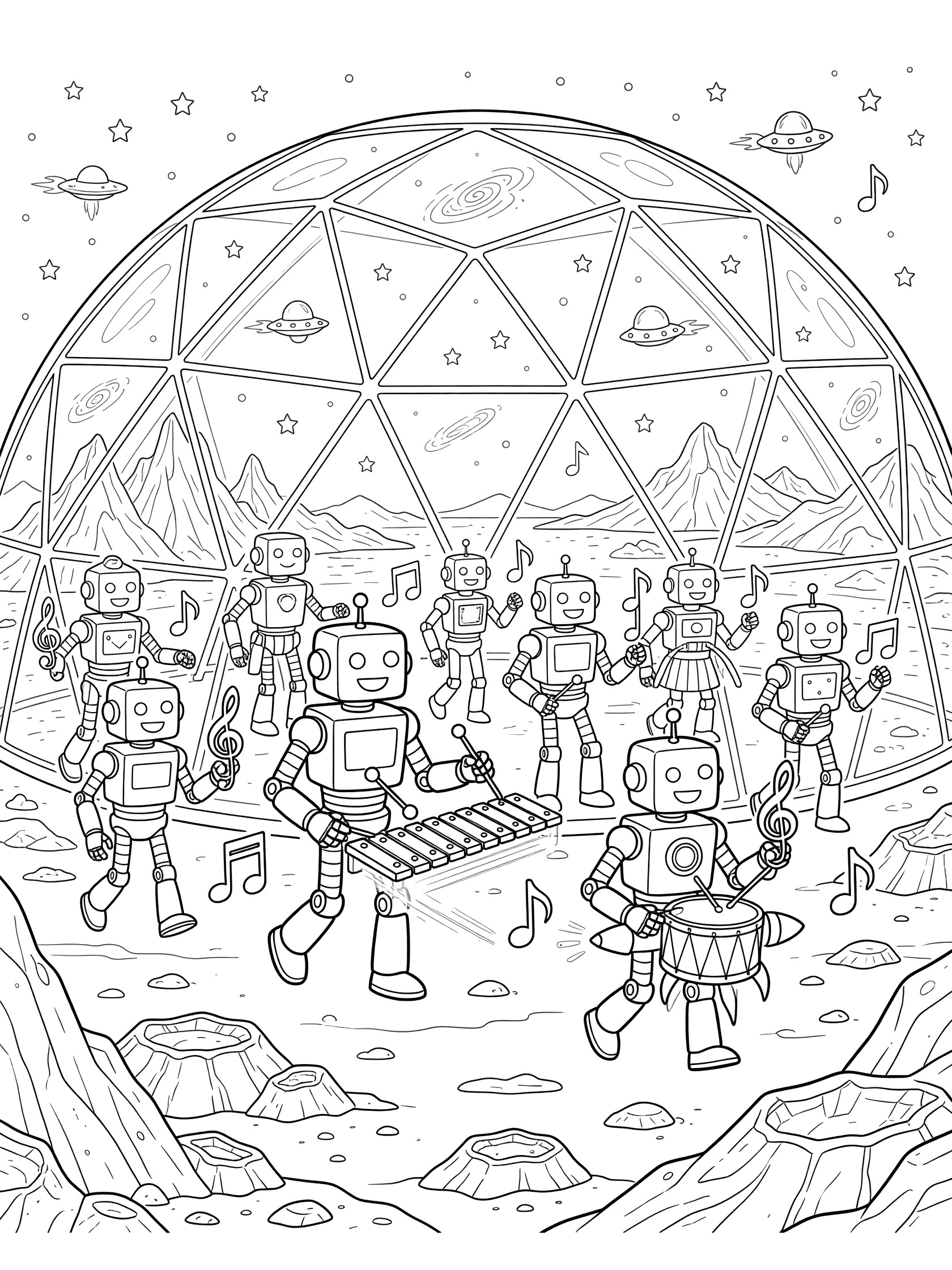Black-and-white line art of a friendly robot parade playing laser xylophones and drum rockets in a futuristic dome with alien mountains, stars, and spaceships visible outside.