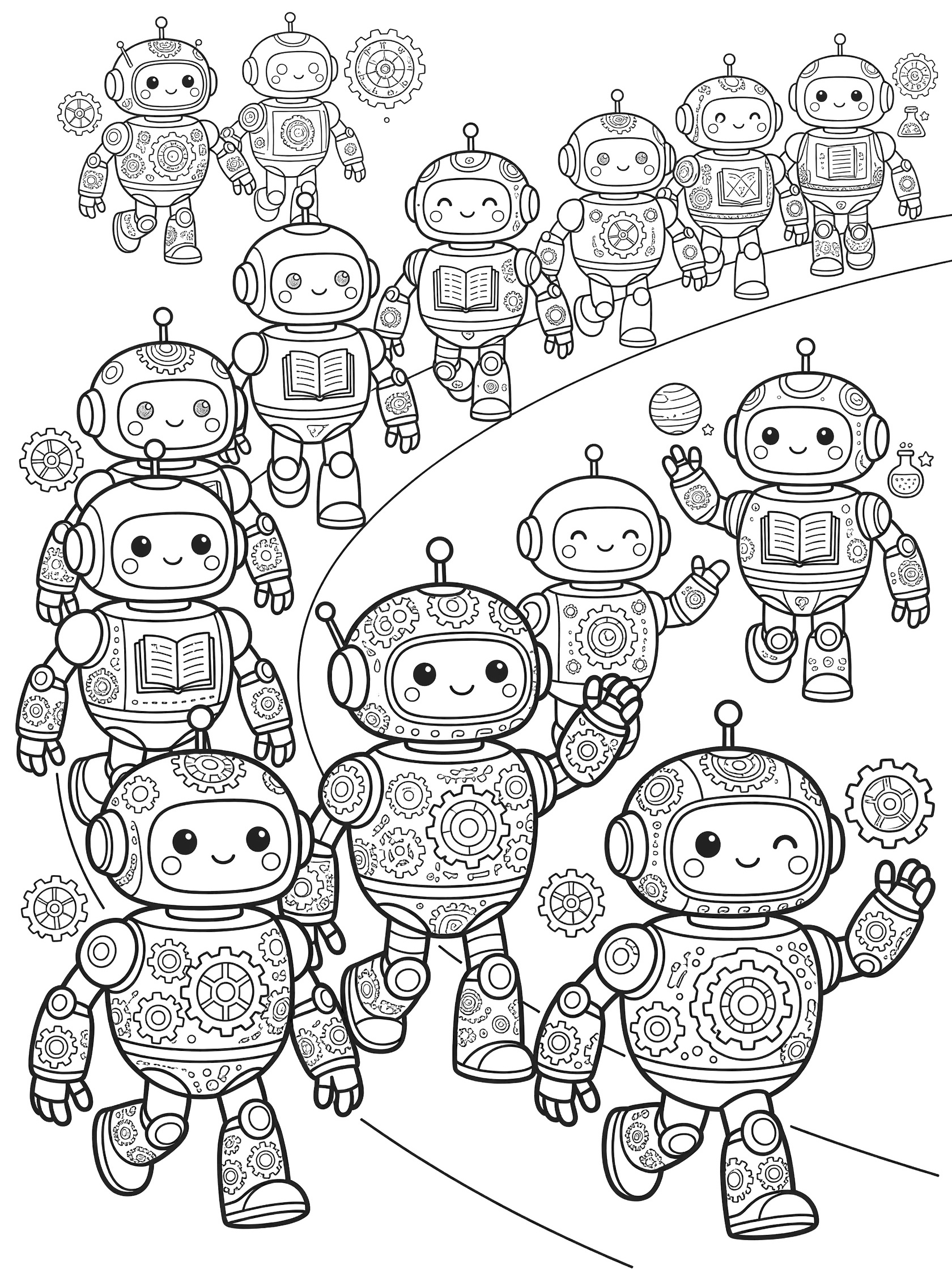 Black and white line art coloring page showing a parade of cute smiling robots walking on a winding path, some waving and holding books, with gear details.