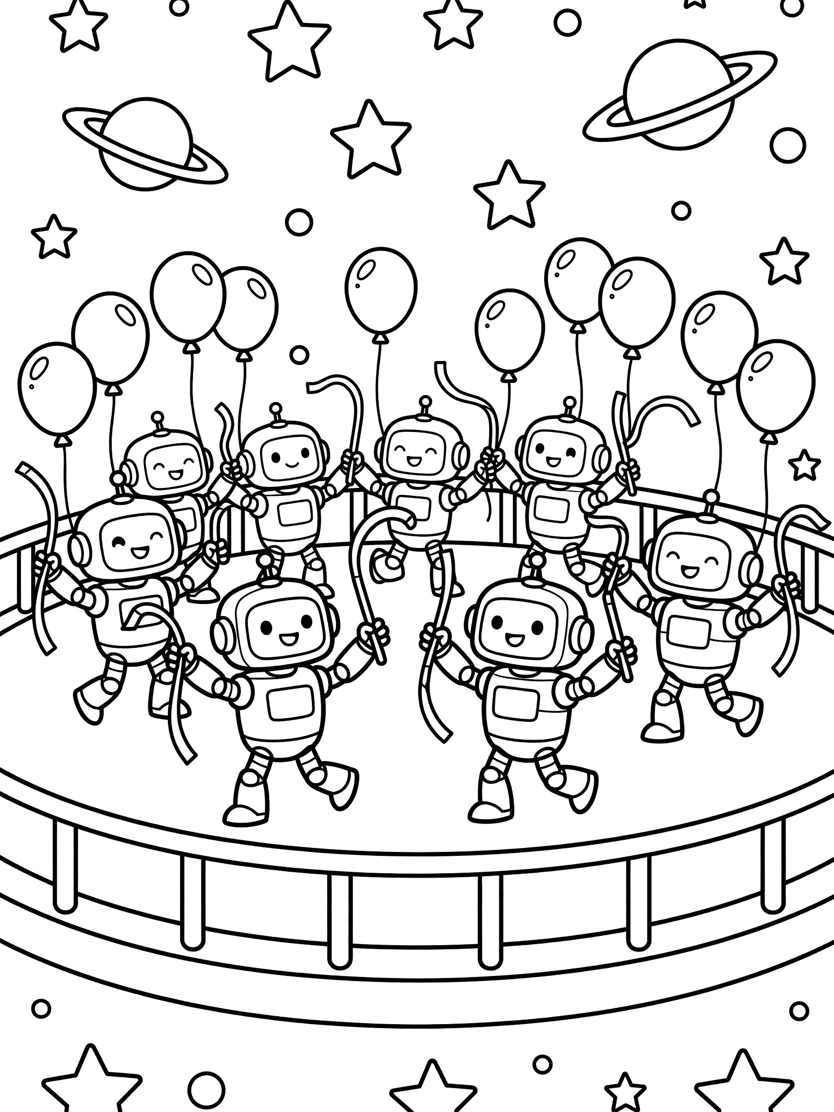 Black-and-white line art of a friendly robot parade with chibi-style robots dancing around a space station, twirling ribbon wands and balloons, stars and planets in the cosmic sky.