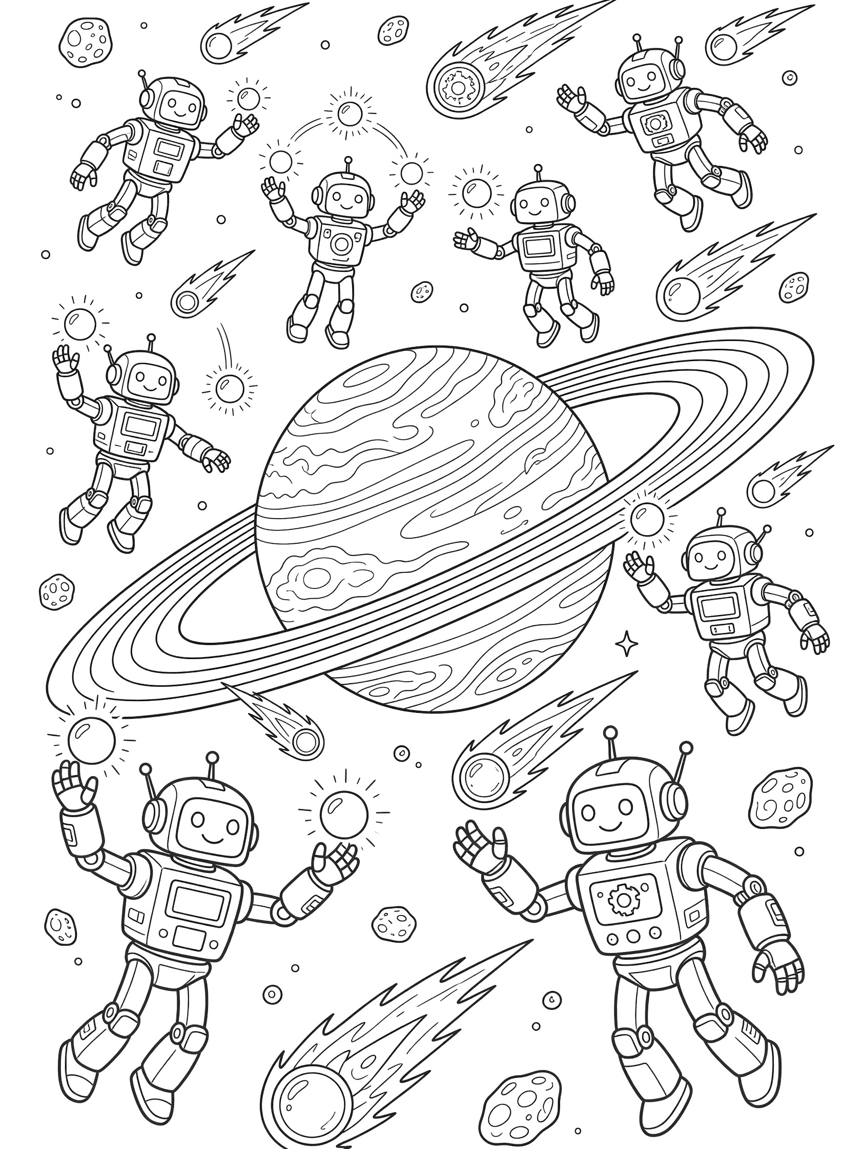 Black and white line art of a friendly robot parade orbiting a ringed planet, with robots juggling energy orbs and comets amid asteroids.