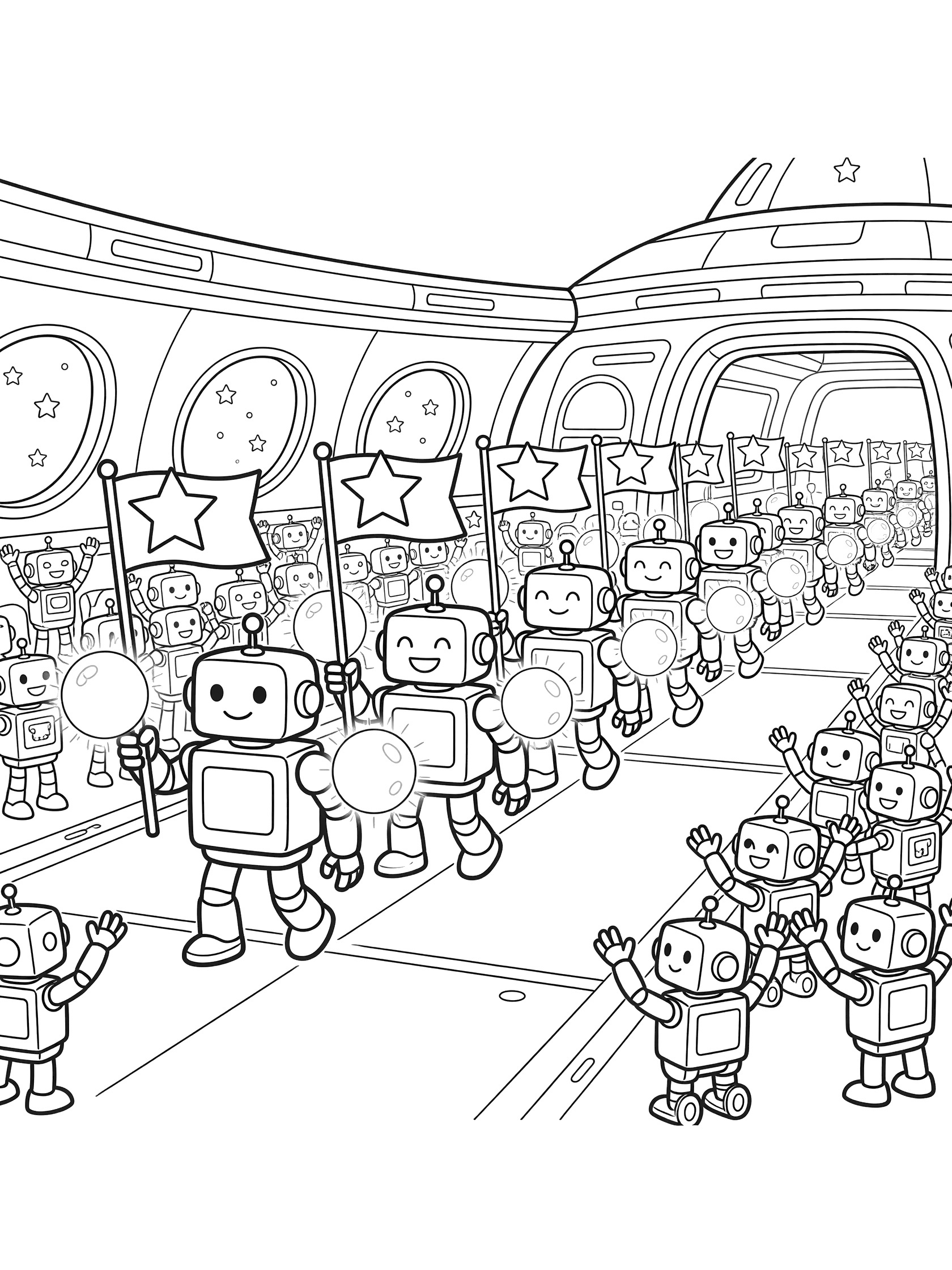Black-and-white coloring page of a friendly robot parade on a spaceship deck with marching robots holding star flags and orbs, and cheering robots on the sides.
