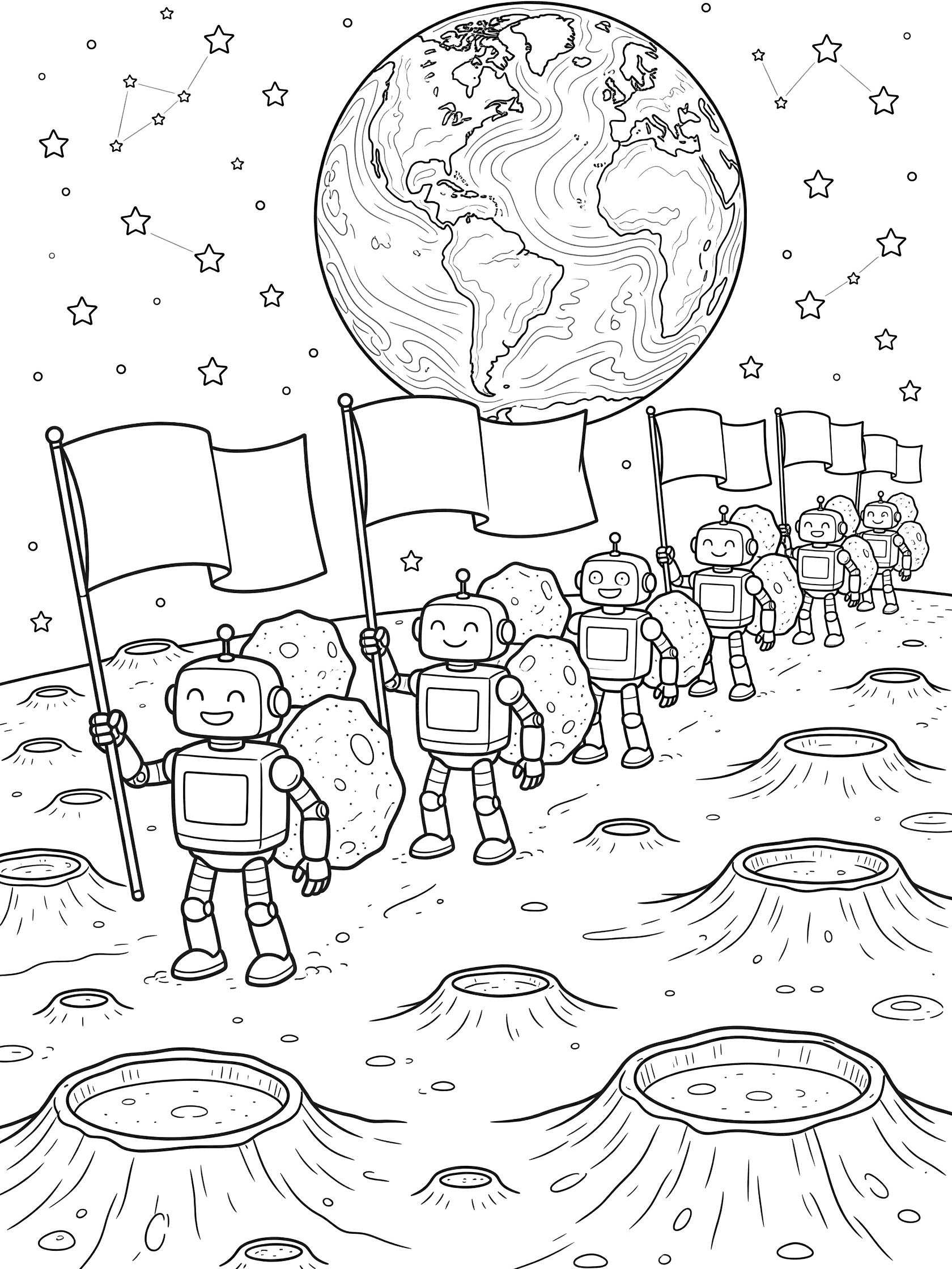 Black-and-white coloring page of a friendly robot parade striding across the moon, waving blank flags, carrying rocks, under a large Earth and stars.
