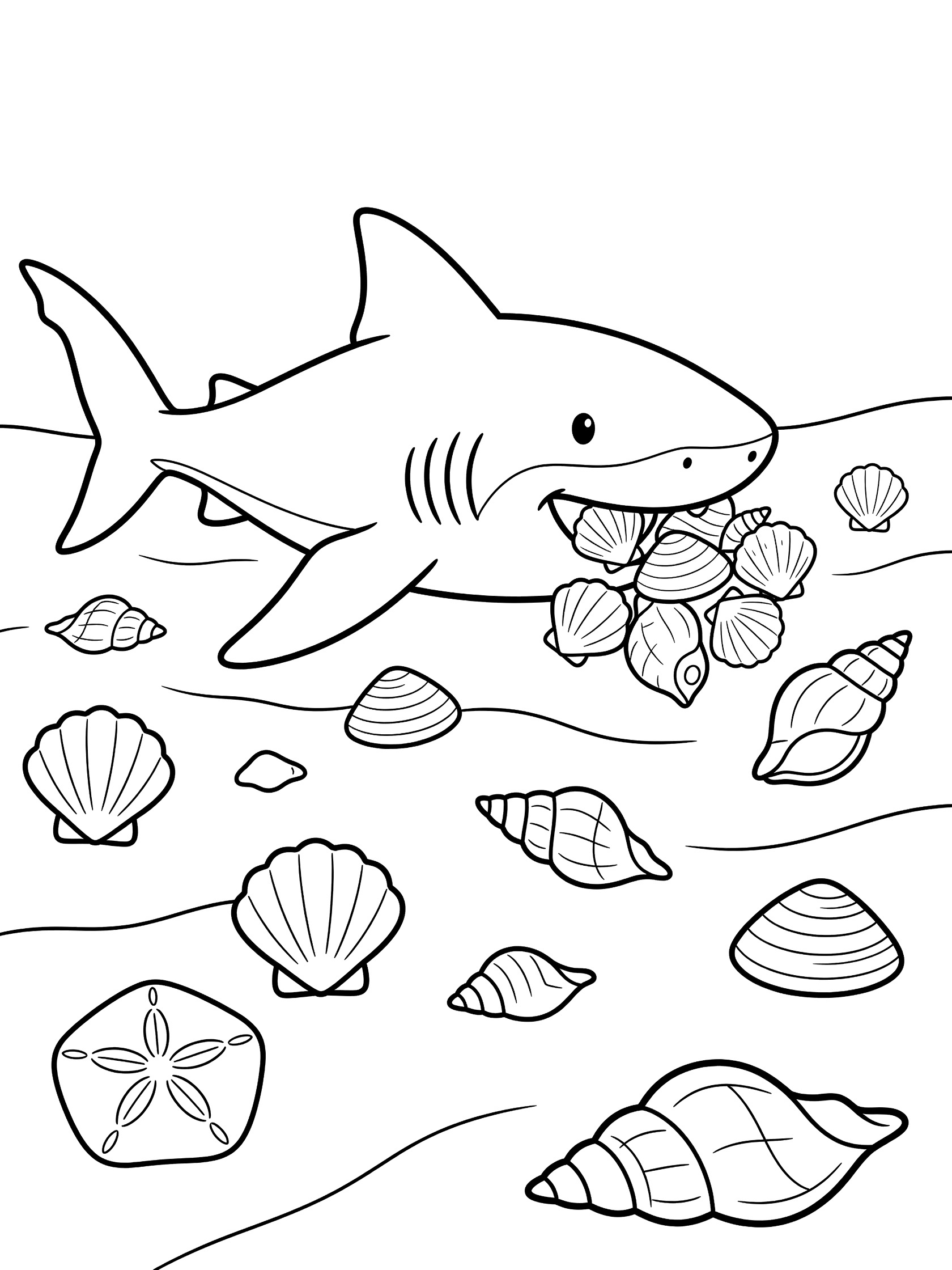 Black and white line art coloring page showing a smiling shark carrying seashells in its mouth, surrounded by clamshells and a starfish on a sandy ocean bottom.