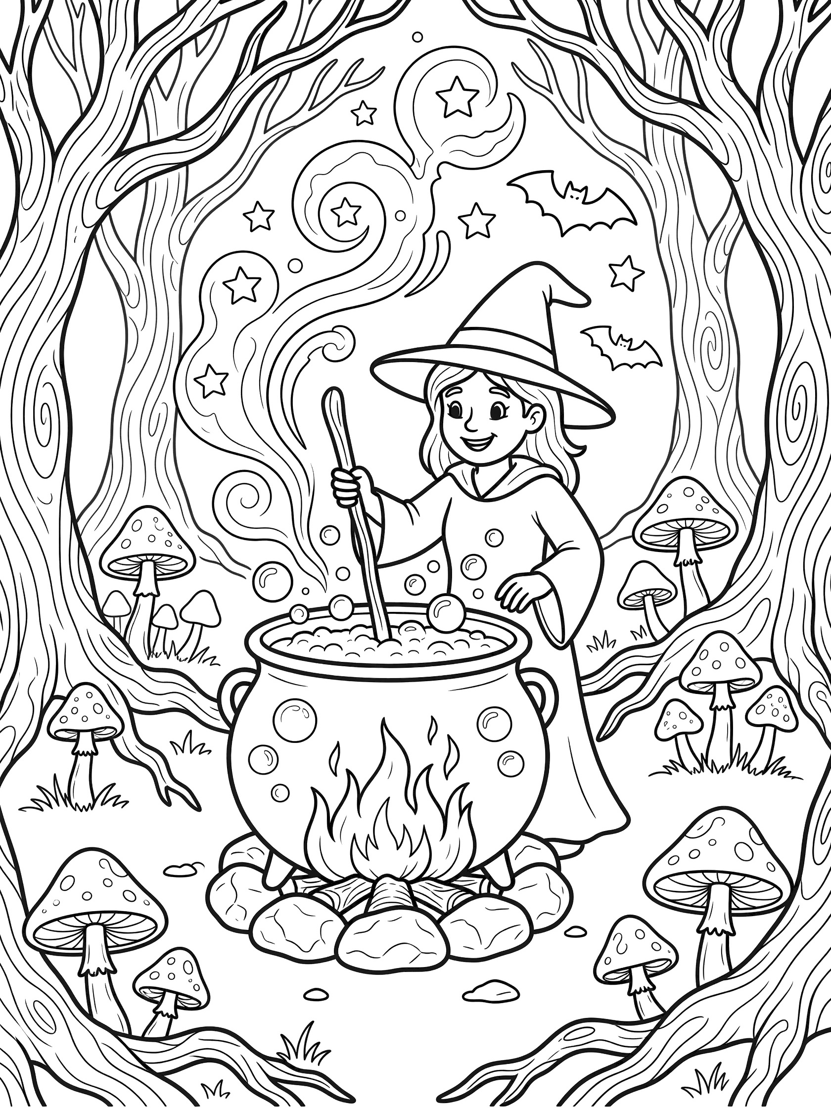 Black and white line art coloring page showing a smiling witch in a pointed hat stirring bubbles in a large cauldron on a fire, surrounded by twisted trees, mushrooms, steam with stars and bats in a forest clearing.