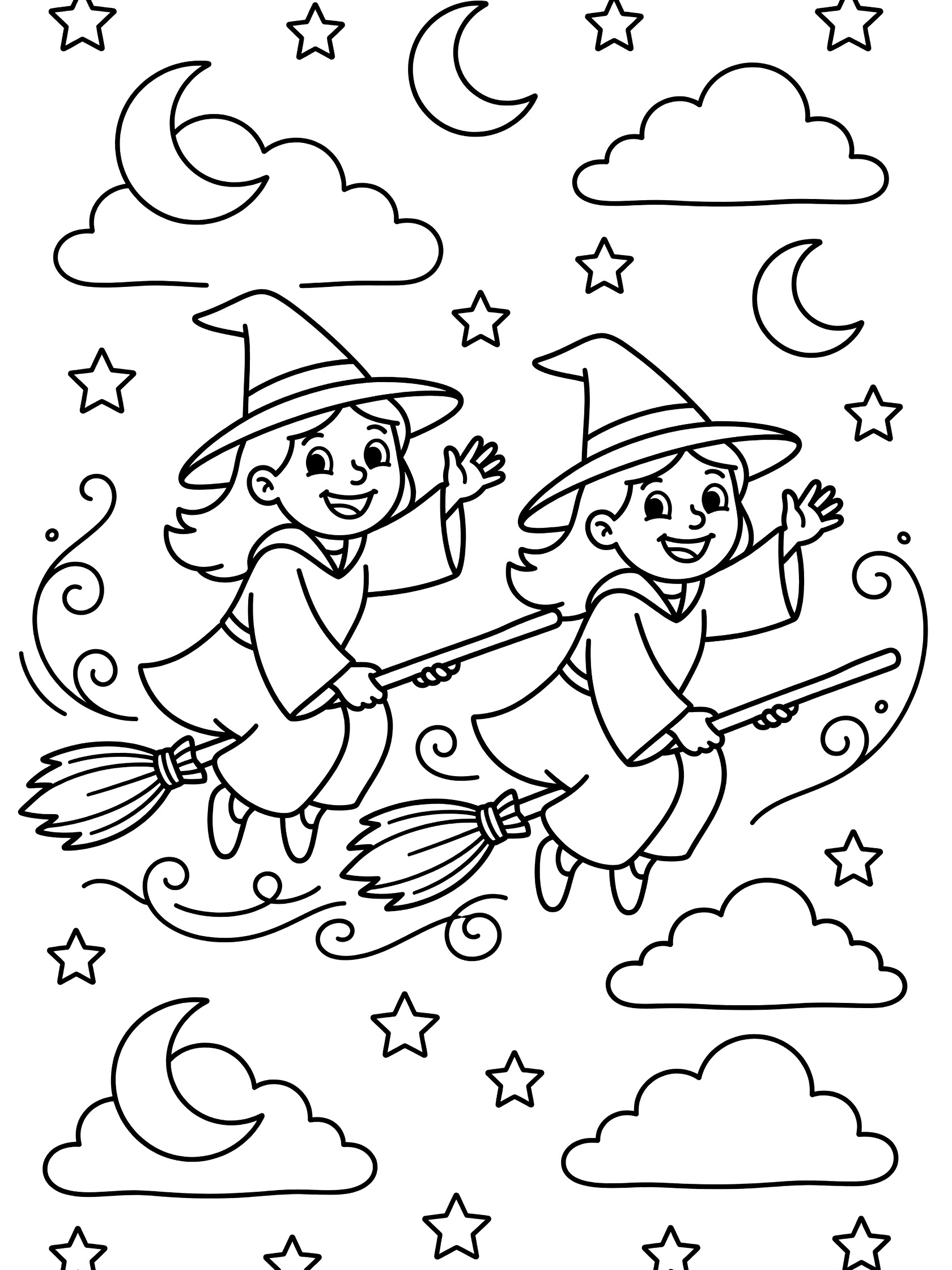 Black and white line art of two smiling witches riding broomsticks through a night sky with stars, moons, clouds, and magic swirls.