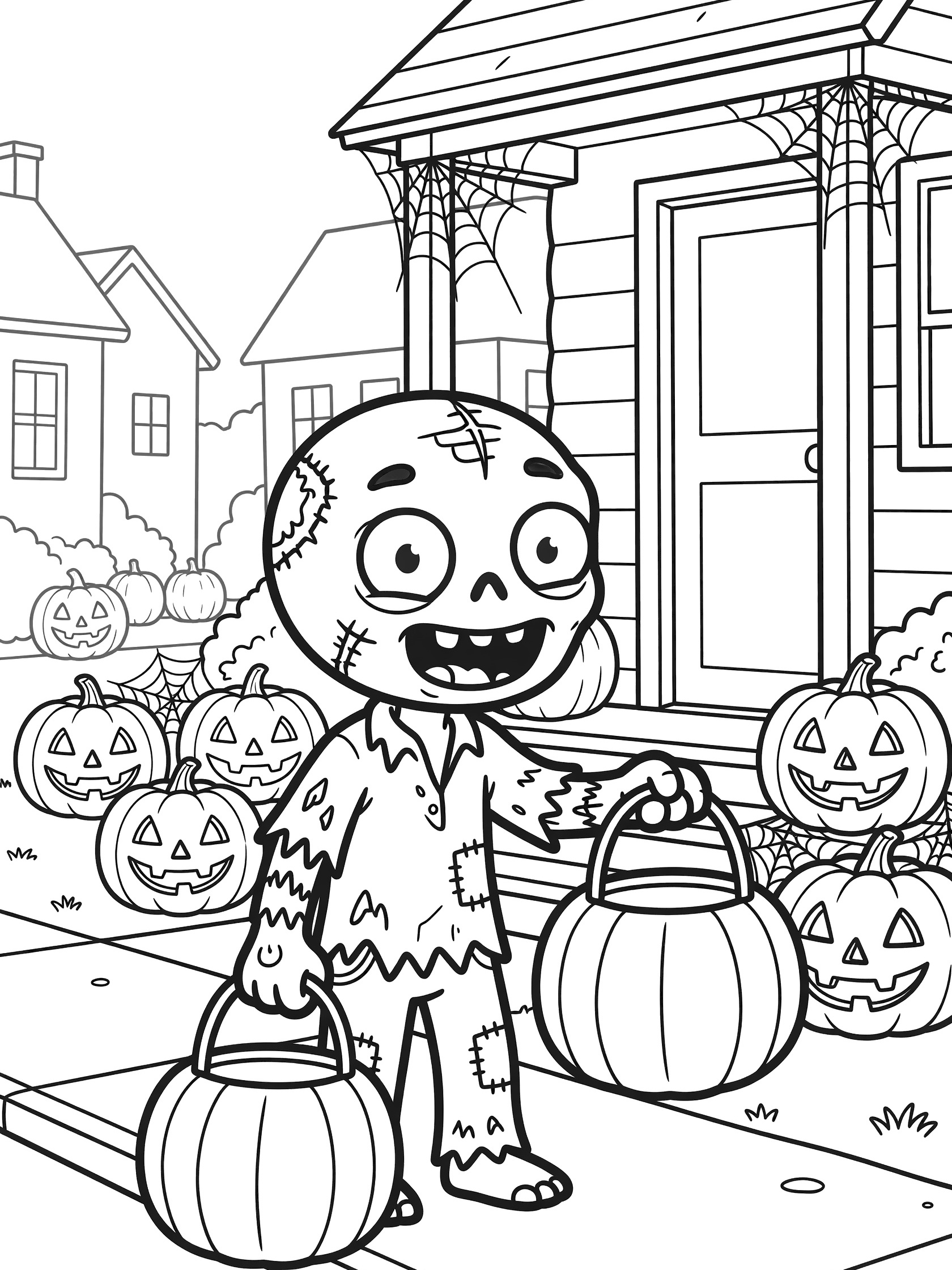 Black-and-white line art of a friendly zombie trick-or-treating on a Halloween porch with glowing jack-o-lanterns, ragged clothes, big smile, and pumpkin candy bucket.