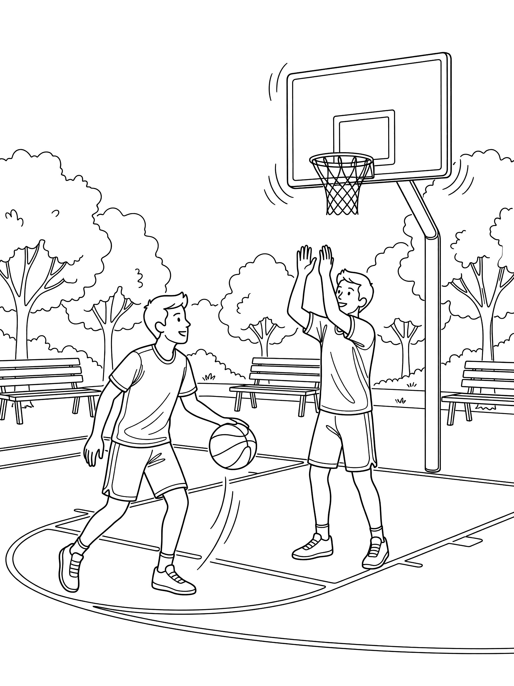 Line art coloring page showing two boys in shorts passing a basketball on a park court near a tall basketball hoop with backboard, trees, and benches.