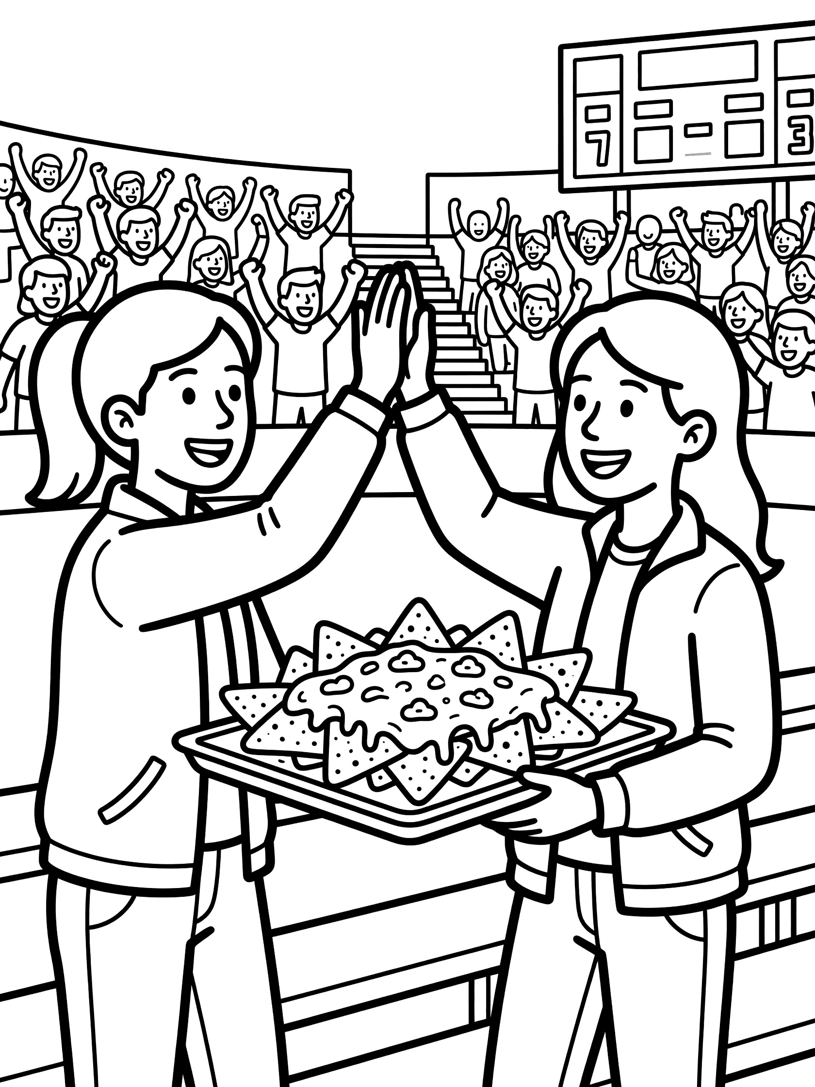 Coloring page showing friends passing loaded nachos topped with melted cheese and salsa while high-fiving in stadium stands with cheering crowd and scoreboard.