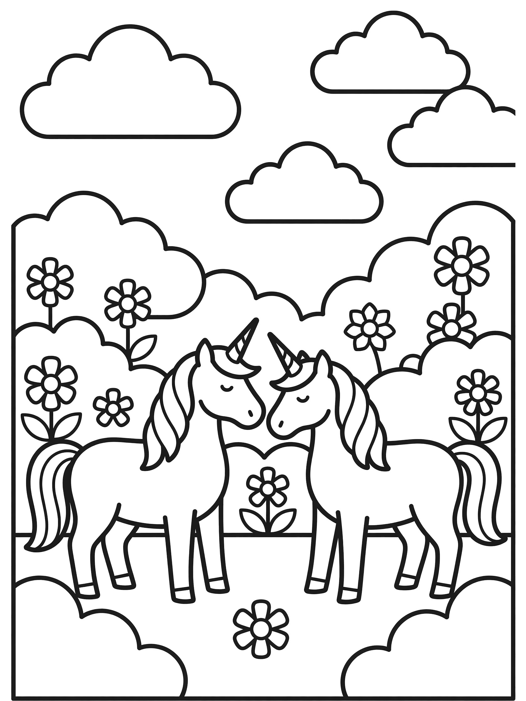 Black and white line art coloring page showing two unicorns nuzzling in a garden full of flowers and fluffy clouds.