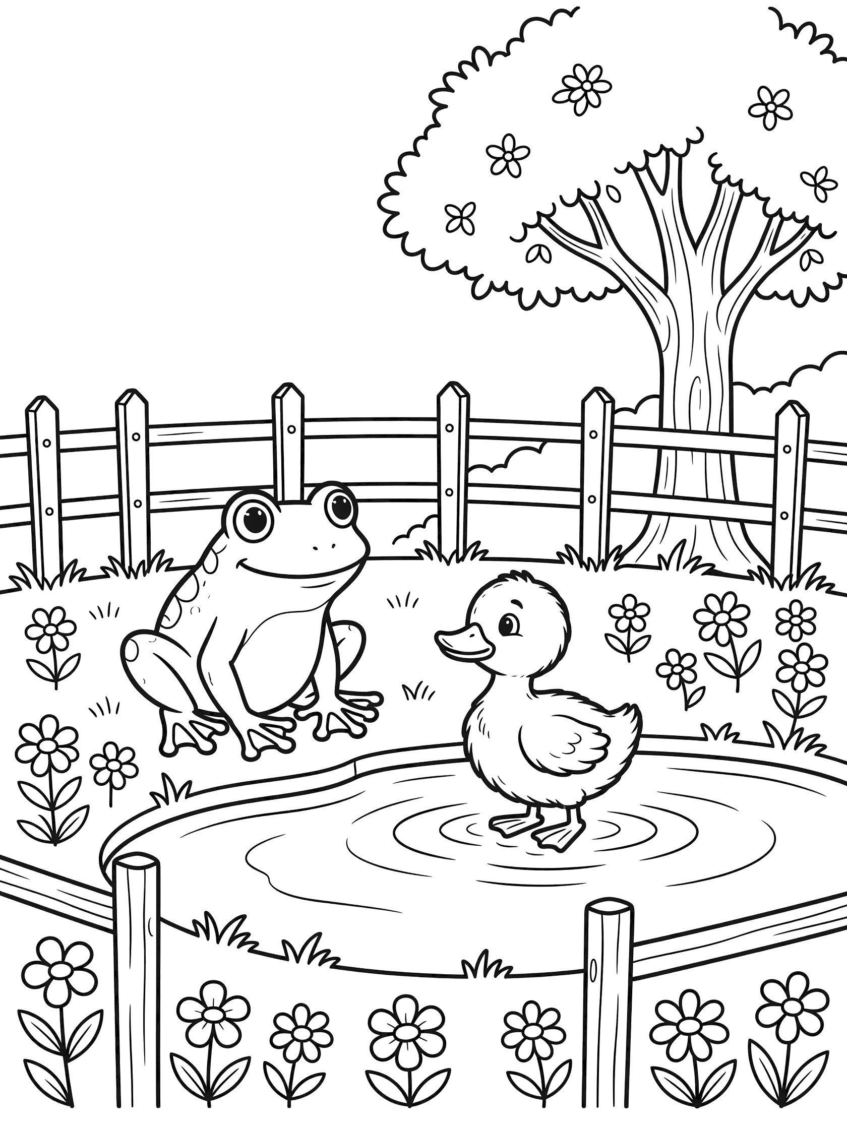 Black and white line art coloring page showing a frog sitting near a duckling at a round pond, with wooden fence posts, wildflowers, leaves on a tree, and water ripples.