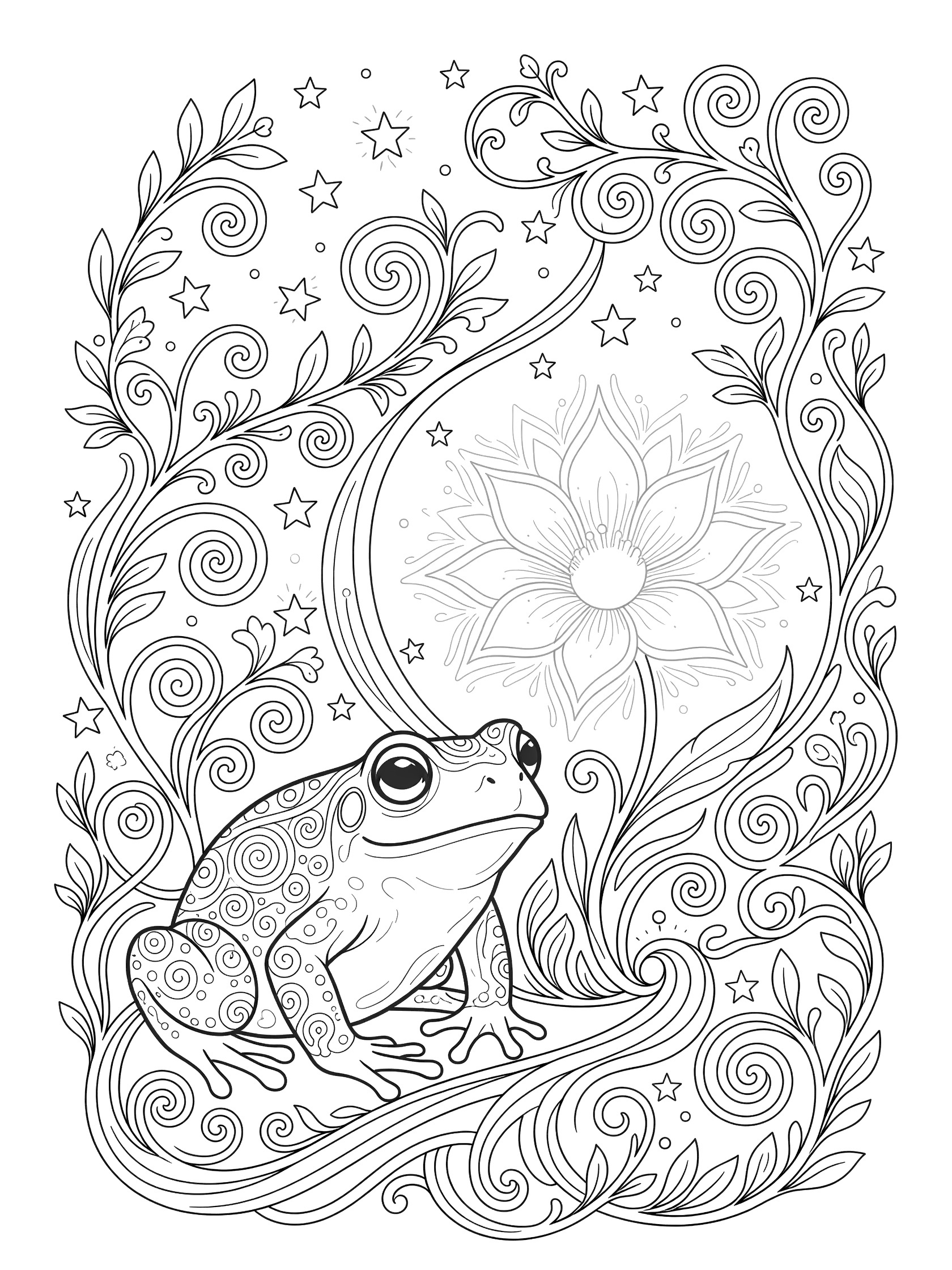 Black and white line art coloring page showing a frog sitting beside a detailed flower surrounded by curly vines and star shapes. Toad themed black and white printable line art