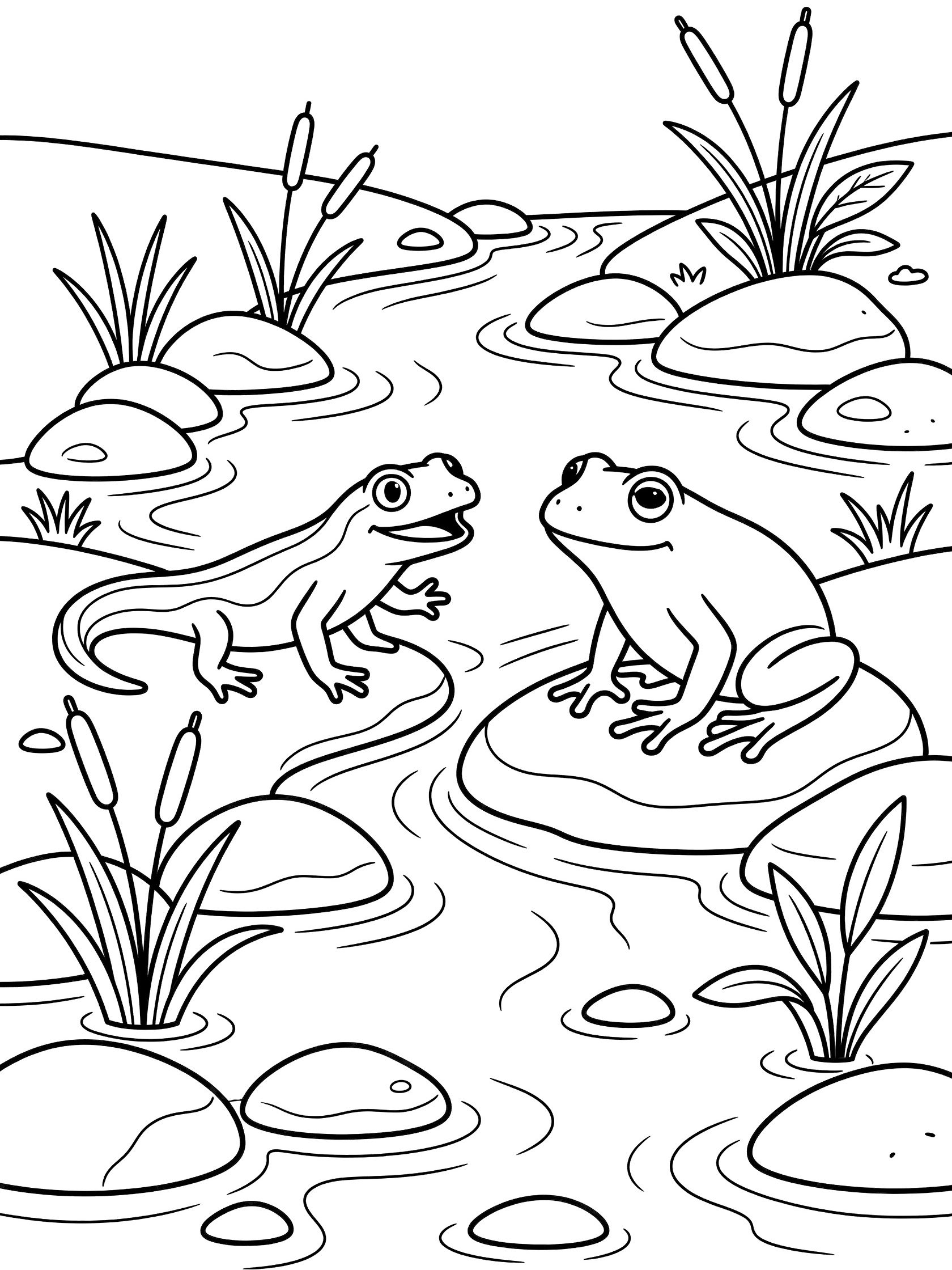 Black and white line art coloring page showing a frog sitting on a rock and a salamander standing nearby in a stream with rocks, water lines, and tall reeds.