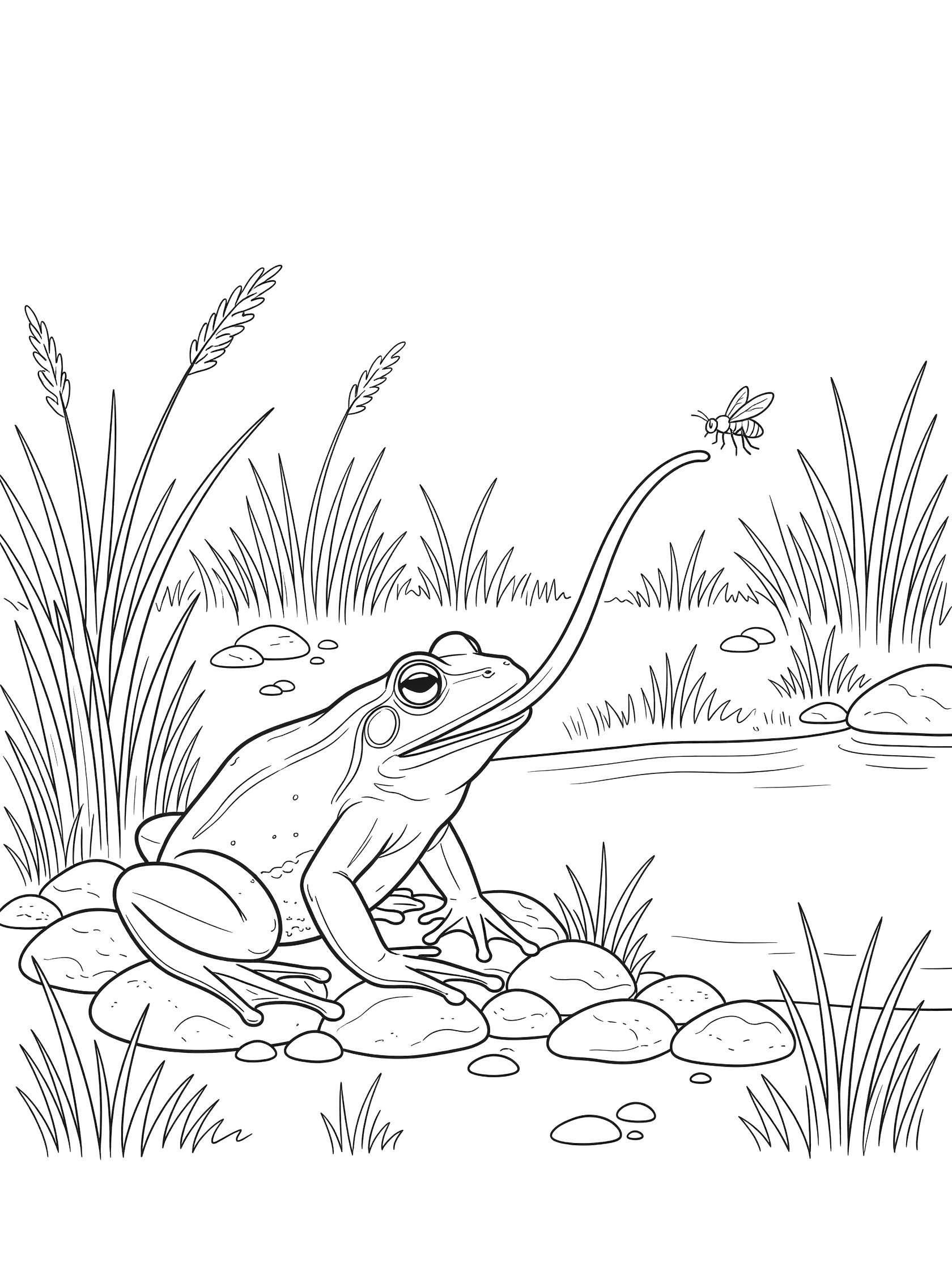Black and white line art coloring page showing a frog with extended tongue catching a fly near pond edge with grass and pebbles. Bullfrog themed black and white printable line art