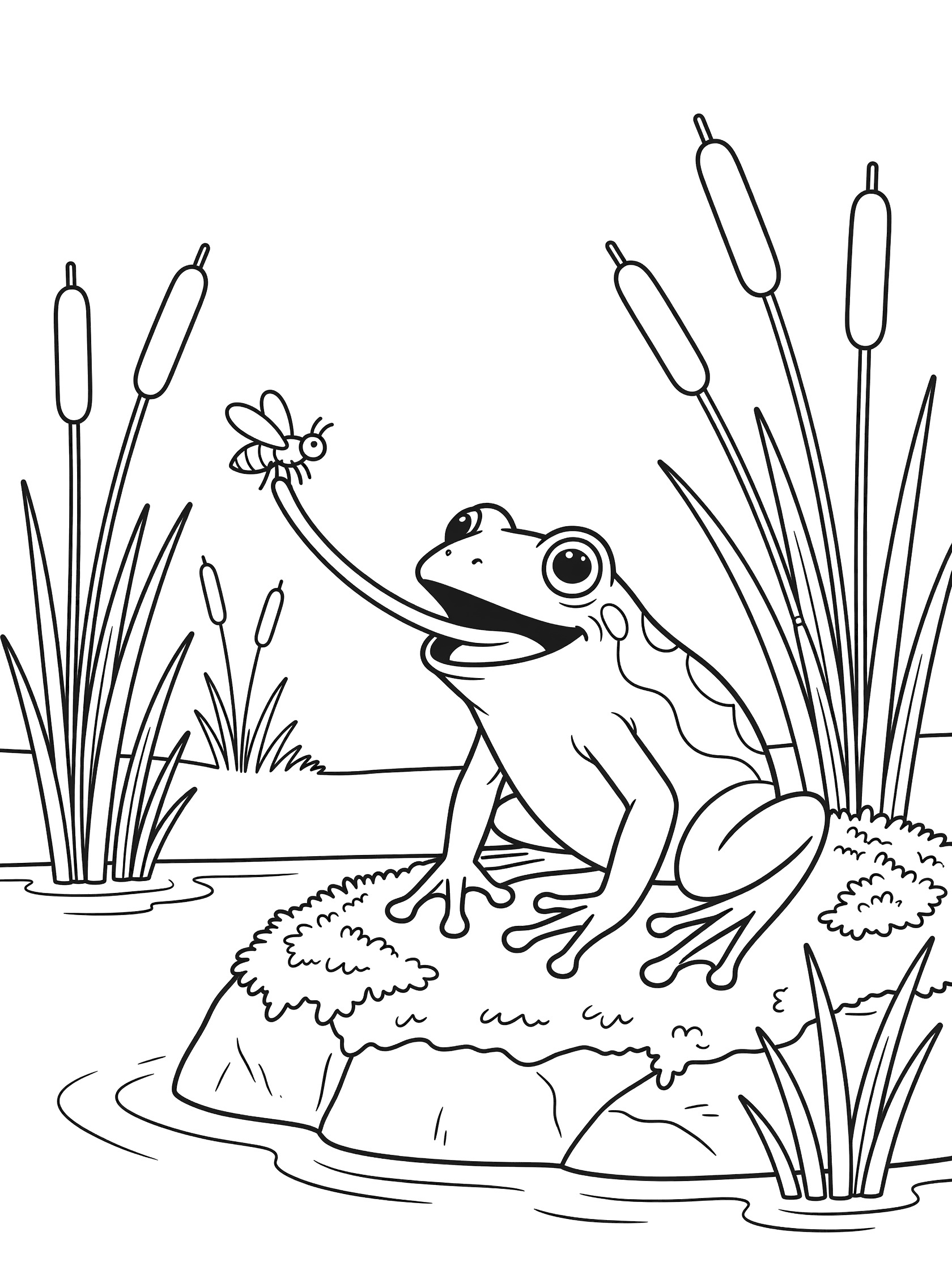 Black and white line art coloring page showing a frog sitting on a rock stretching its tongue to catch a fly, with cattails and water in the background.
