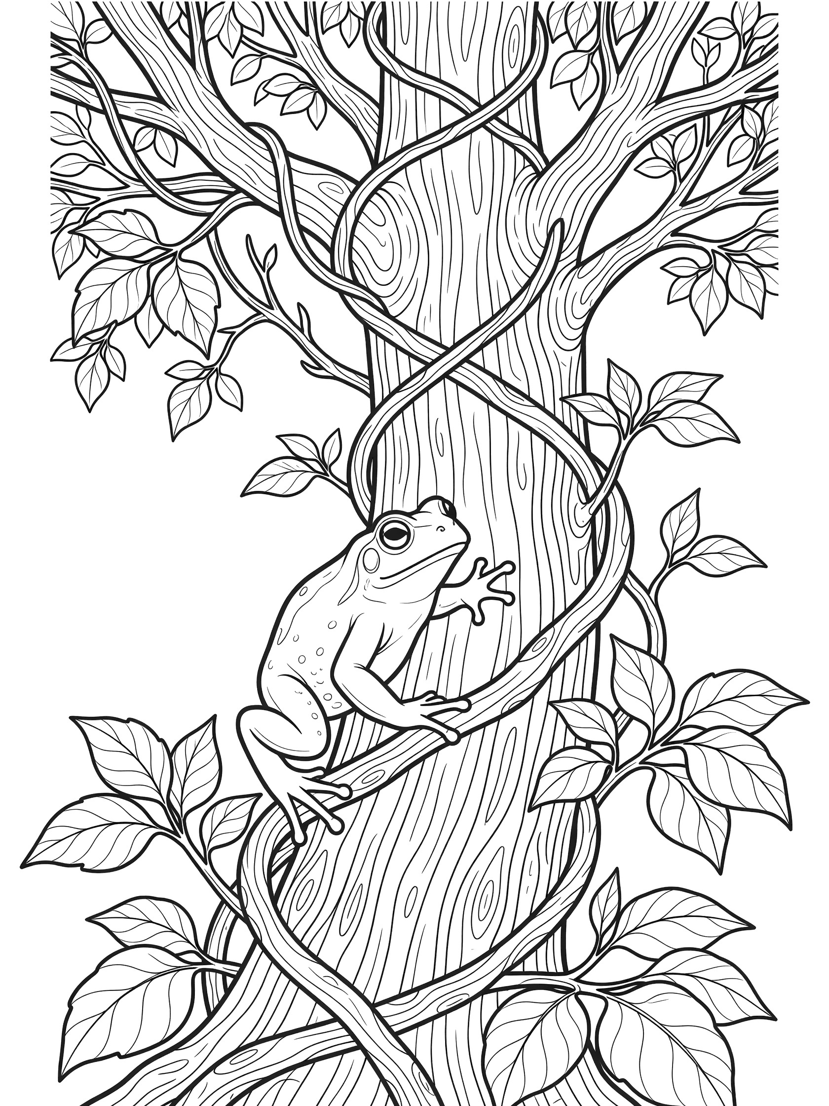 Black and white line art coloring page showing a frog climbing up a tree trunk wrapped in twisting vines, surrounded by large leaves and branches. Toad themed black and white printable line art