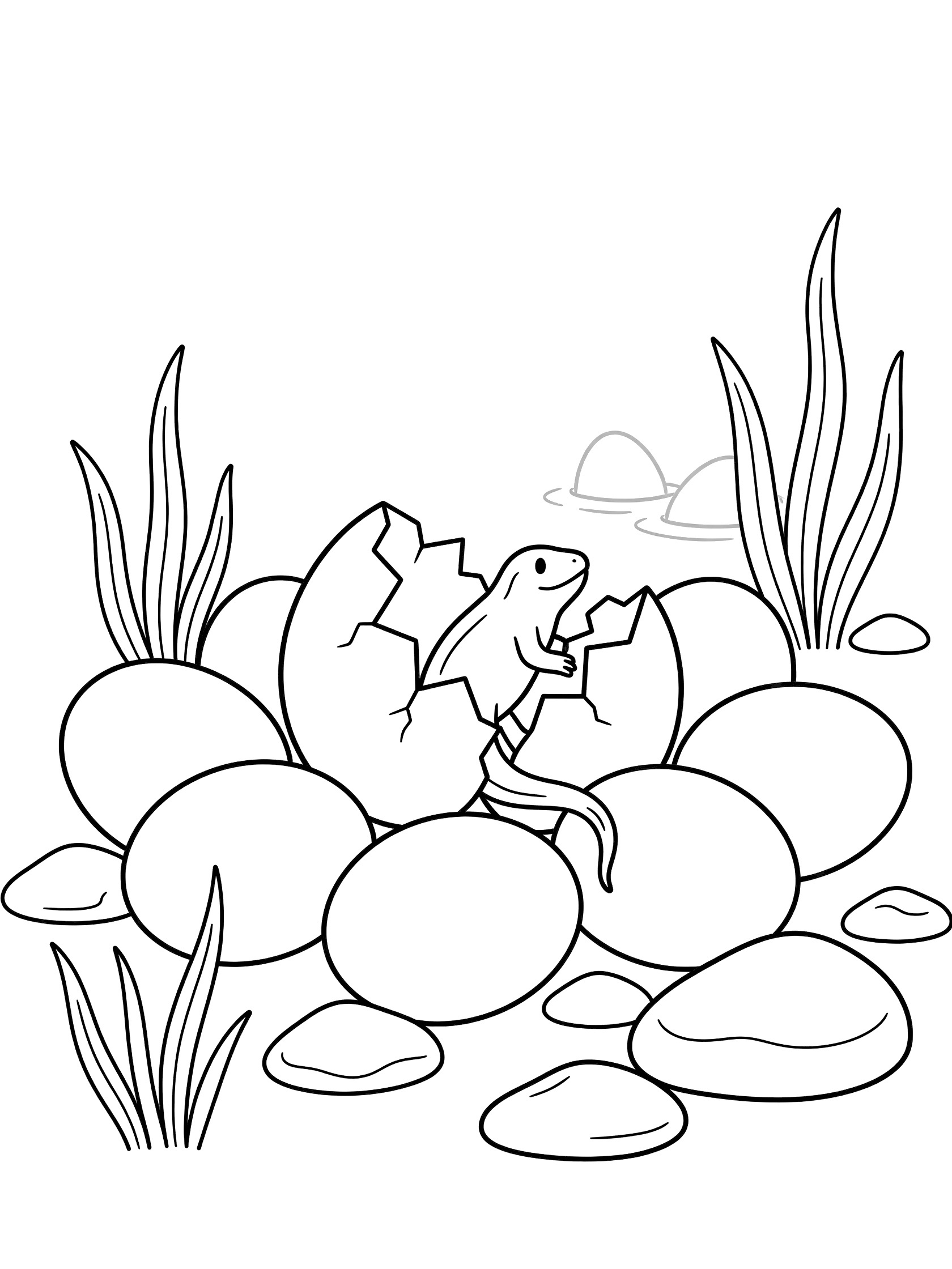 Black and white line art coloring page showing a tadpole emerging from cracked frog eggs surrounded by pond weeds and pebbles on white background.