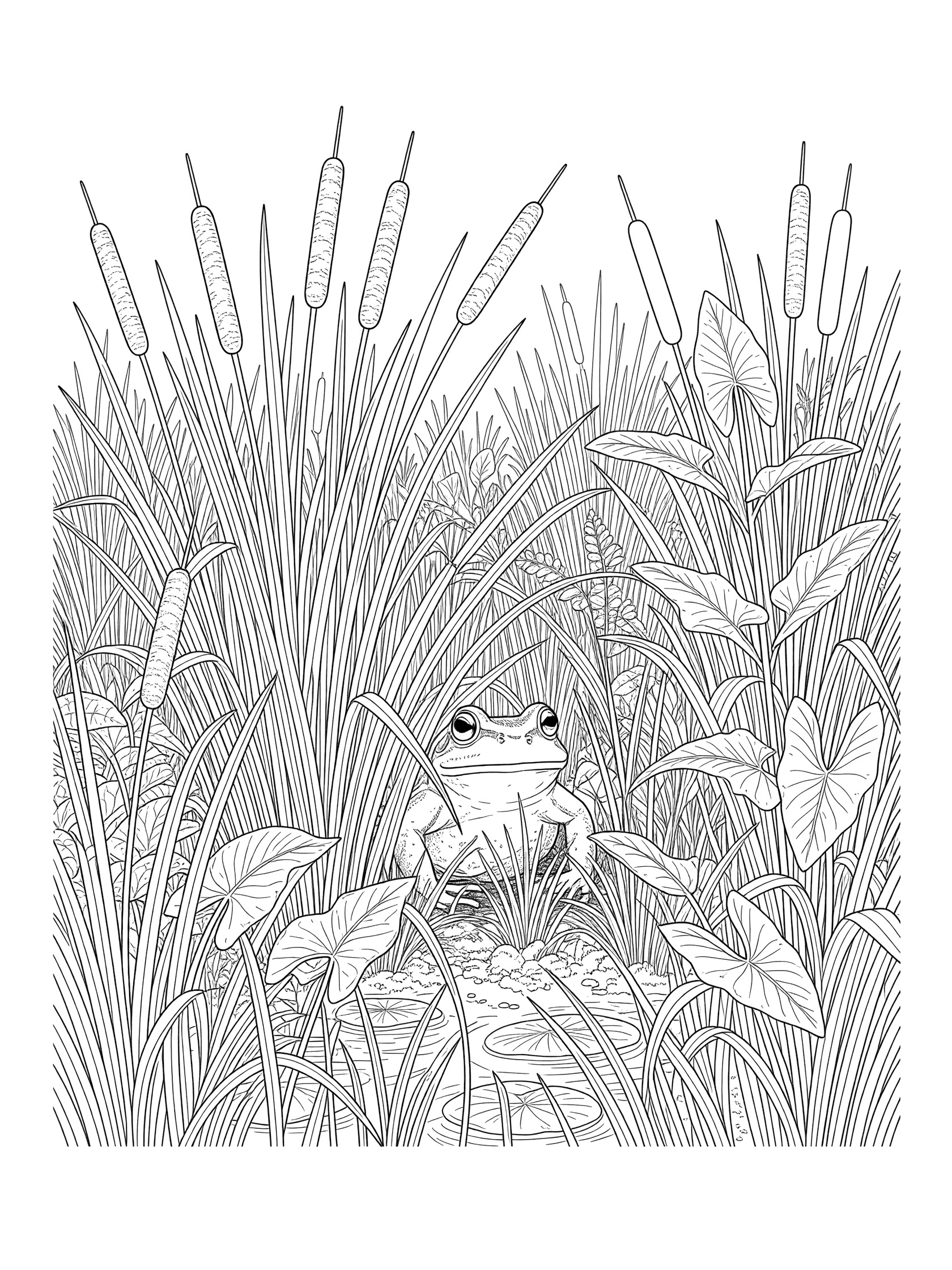 Black and white coloring page of a frog peeking out from tall reeds, grasses, and broad leaves in a marshy spot. Bullfrog themed black and white printable line art