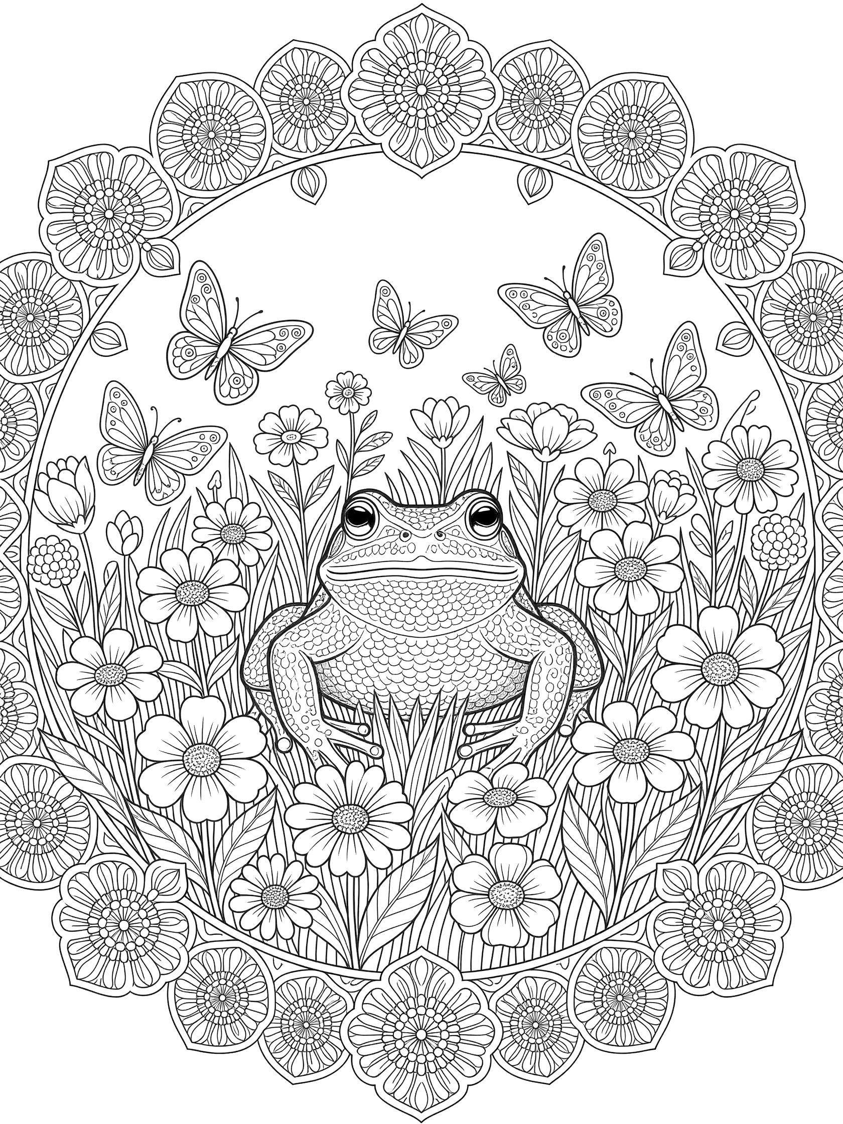 Black and white line art coloring page of a symmetrical frog centered among flowers, leaves, and butterflies in a circular floral border. Bullfrog themed black and white printable line art