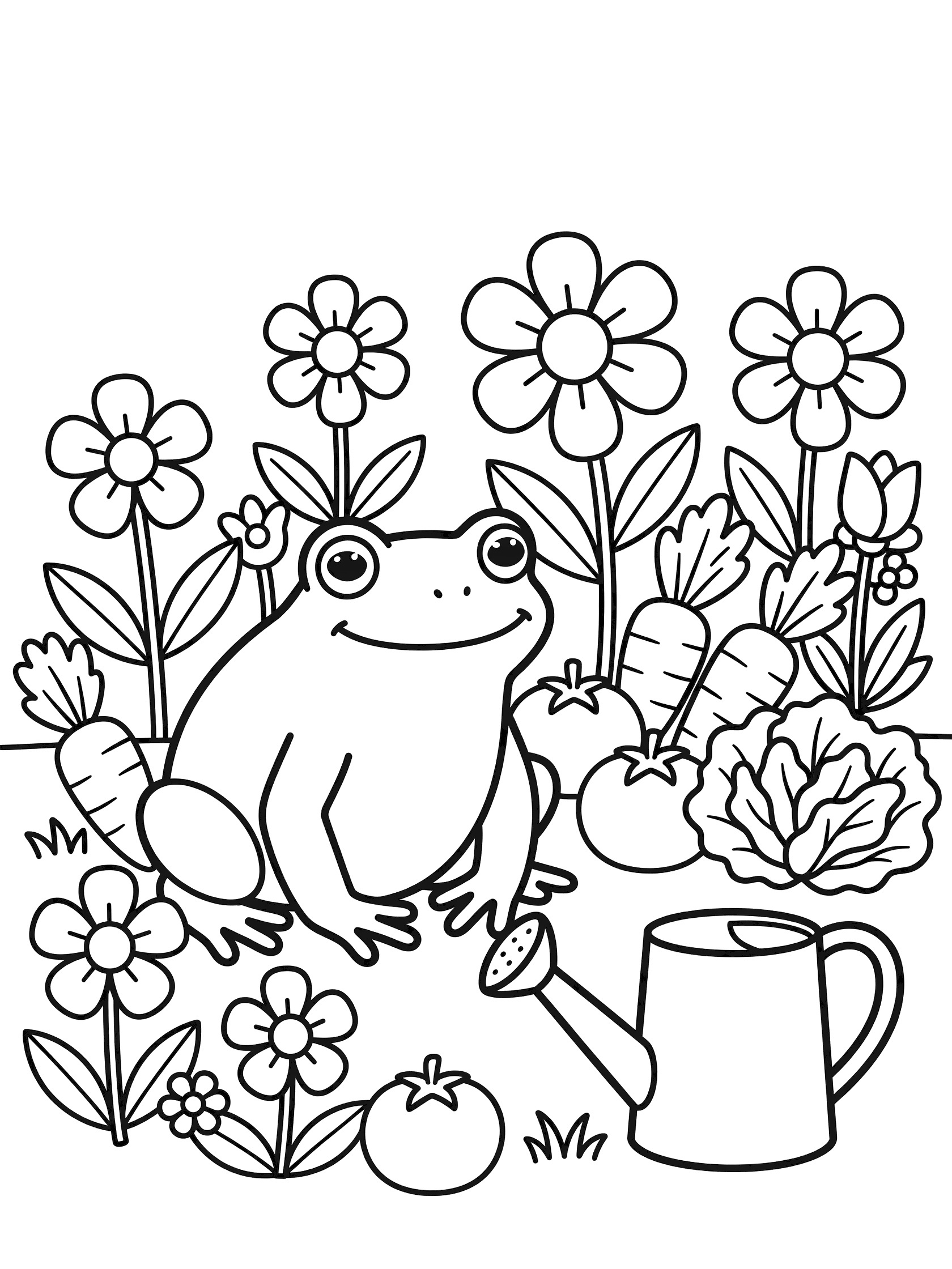 Black and white line art coloring page showing a frog among garden flowers, carrots, tomatoes, lettuce leaves, and a watering can. Toad themed black and white printable line art