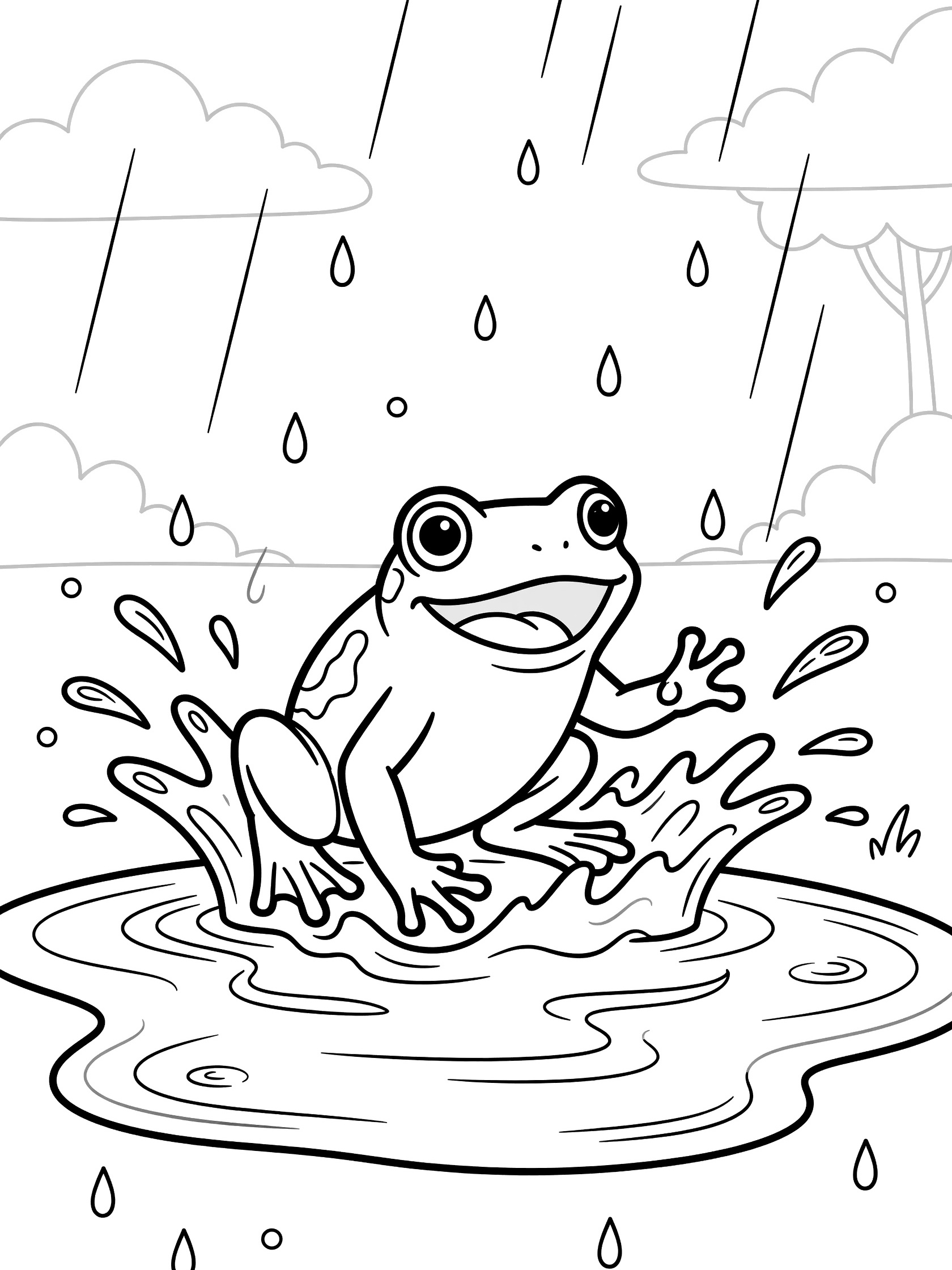 Black and white line art coloring page showing a frog with big eyes jumping in a puddle, surrounded by raindrops and water splashes. Toad themed black and white printable line art
