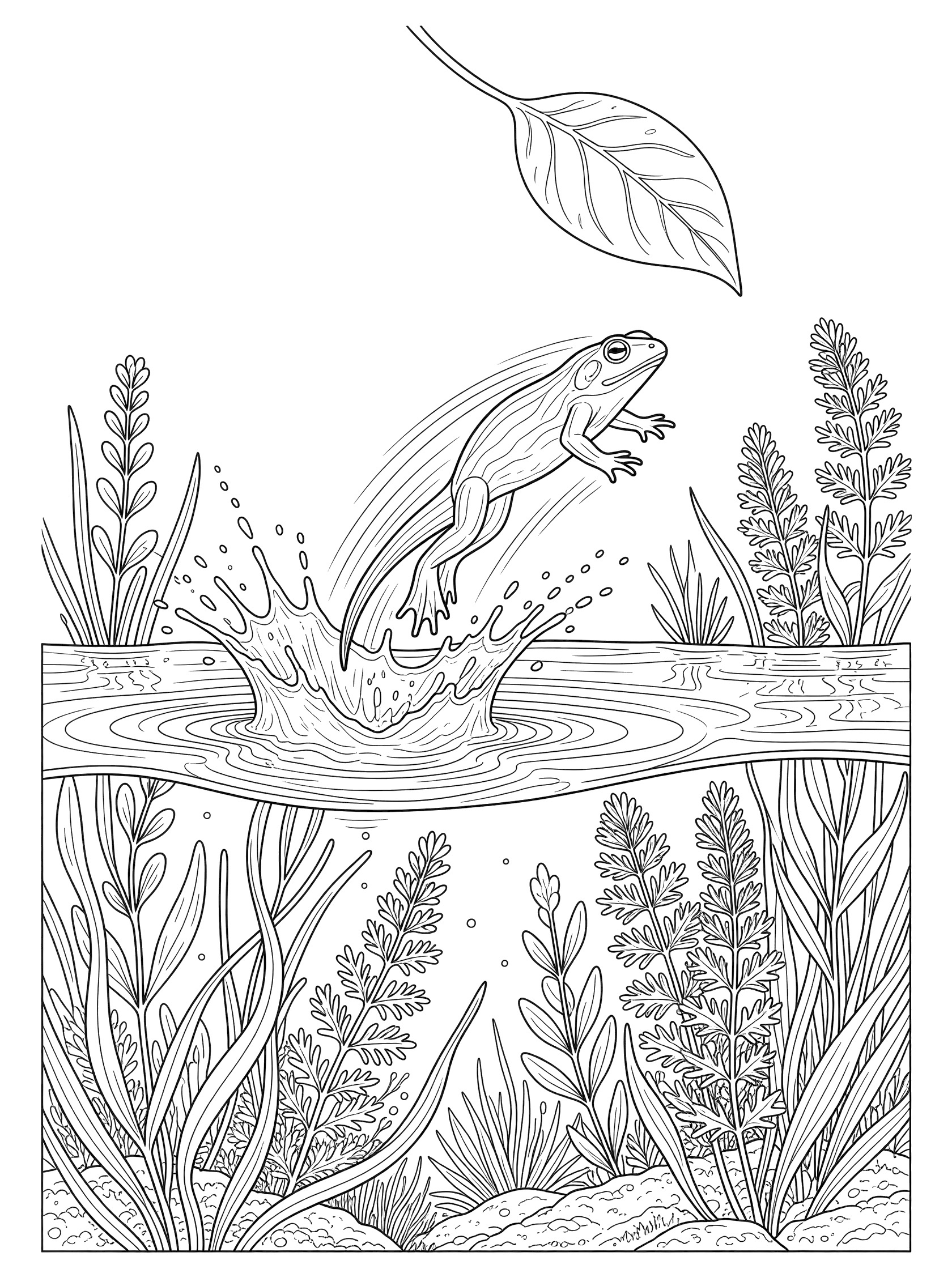 Line art coloring page showing a frog jumping from pond water with splashes toward a leaf, surrounded by underwater plants. Tadpole themed black and white printable line art