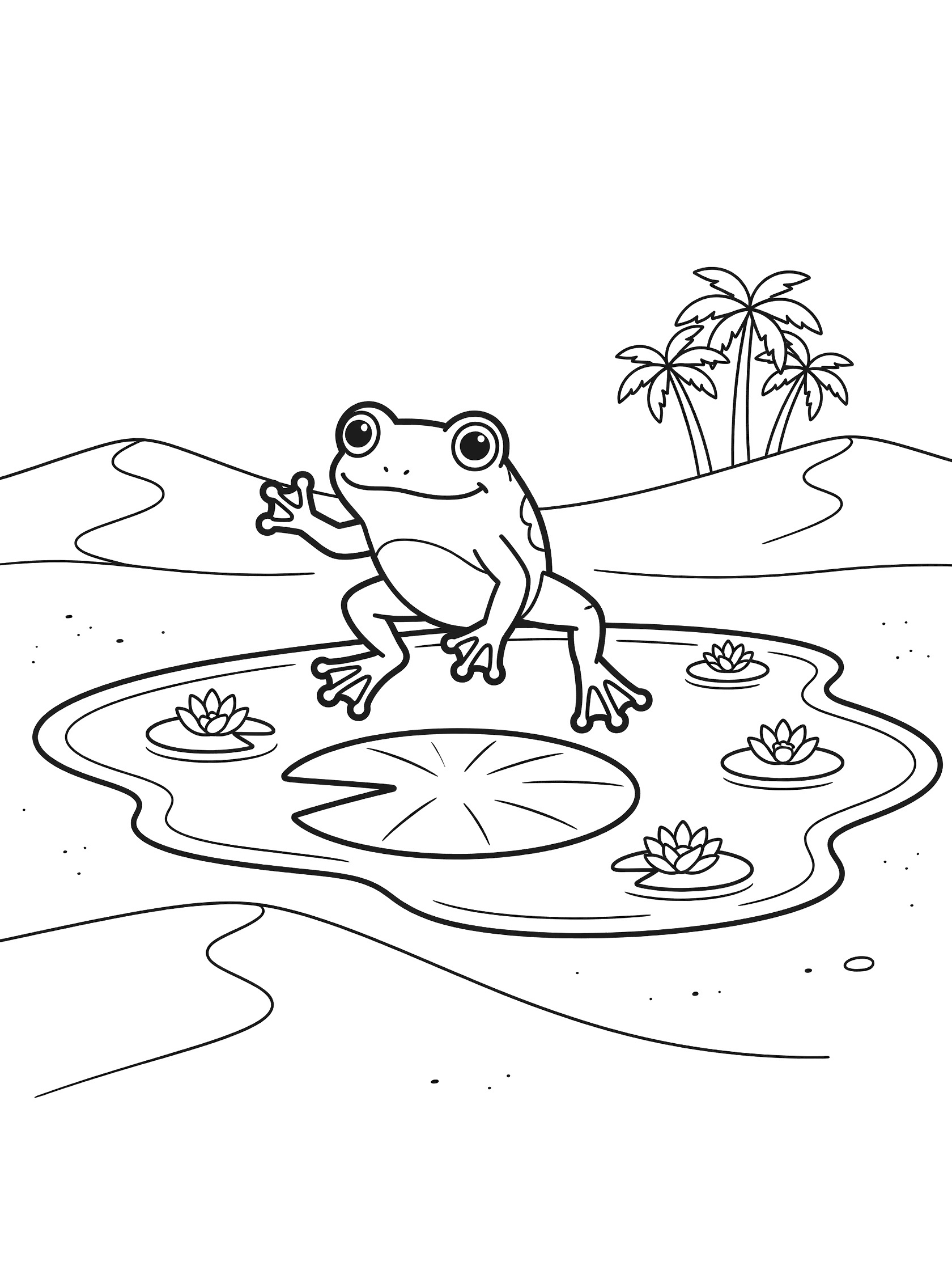 Black-and-white line art of a kawaii frog jumping off a large lily pad in a desert oasis pond with palm trees, floating water lilies, and sandy dunes.