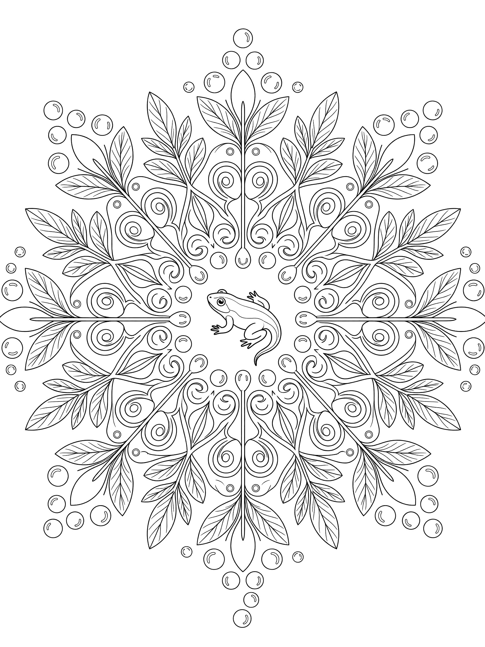Black and white line art of a frog in the center of a mandala with repeating leaves, circles, and curly patterns on a white background. Tadpole themed black and white printable line art