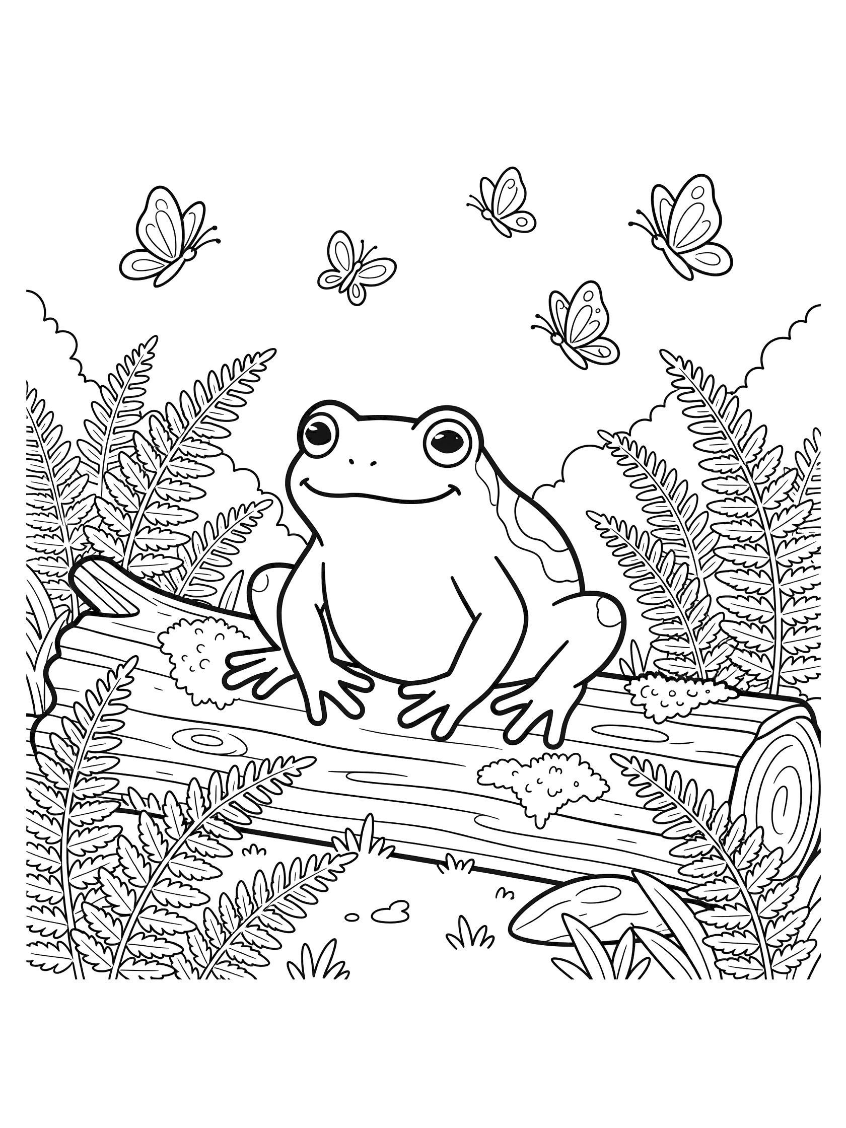 Black and white line art coloring page showing a cute frog on a mossy log with ferns, mushrooms, and flying butterflies in a woodland setting. Toad themed black and white printable line art