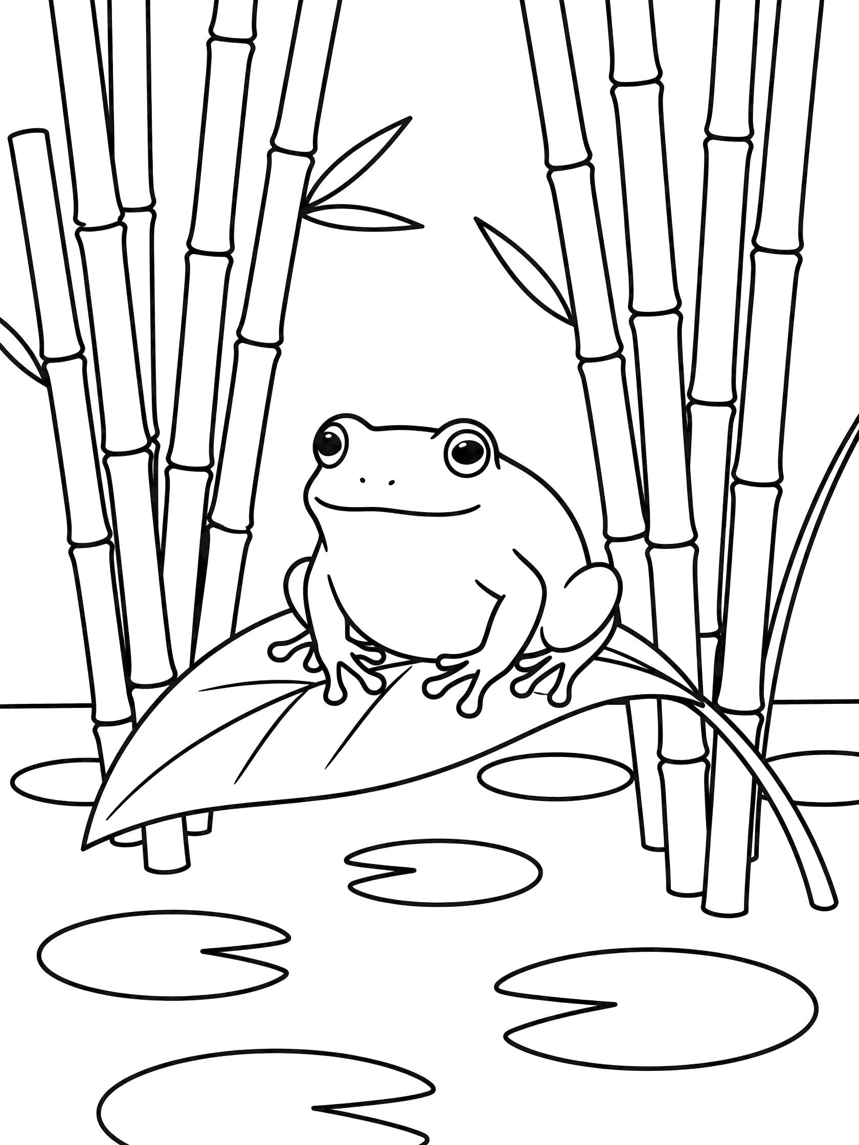 Black and white line drawing of a round frog on a large leaf surrounded by bamboo stalks and lily pads, printable coloring page for children. Bamboo Forests themed black and white printable line art
