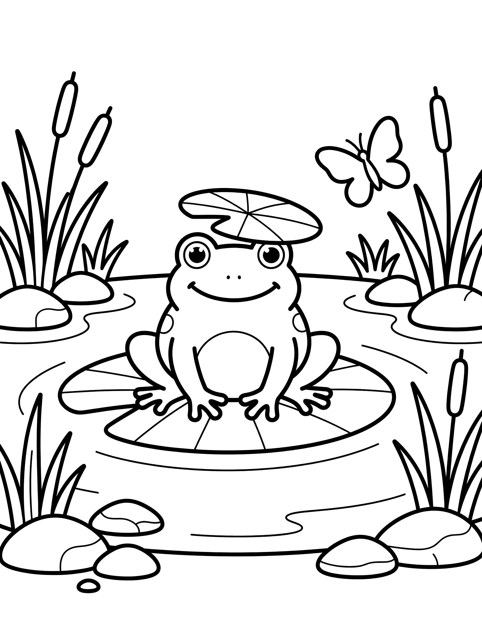 Black and white line art coloring page showing a smiling frog on a large lily pad in a pond, wearing a small lily pad hat, surrounded by reeds, pebbles, water waves, and a butterfly nearby.
