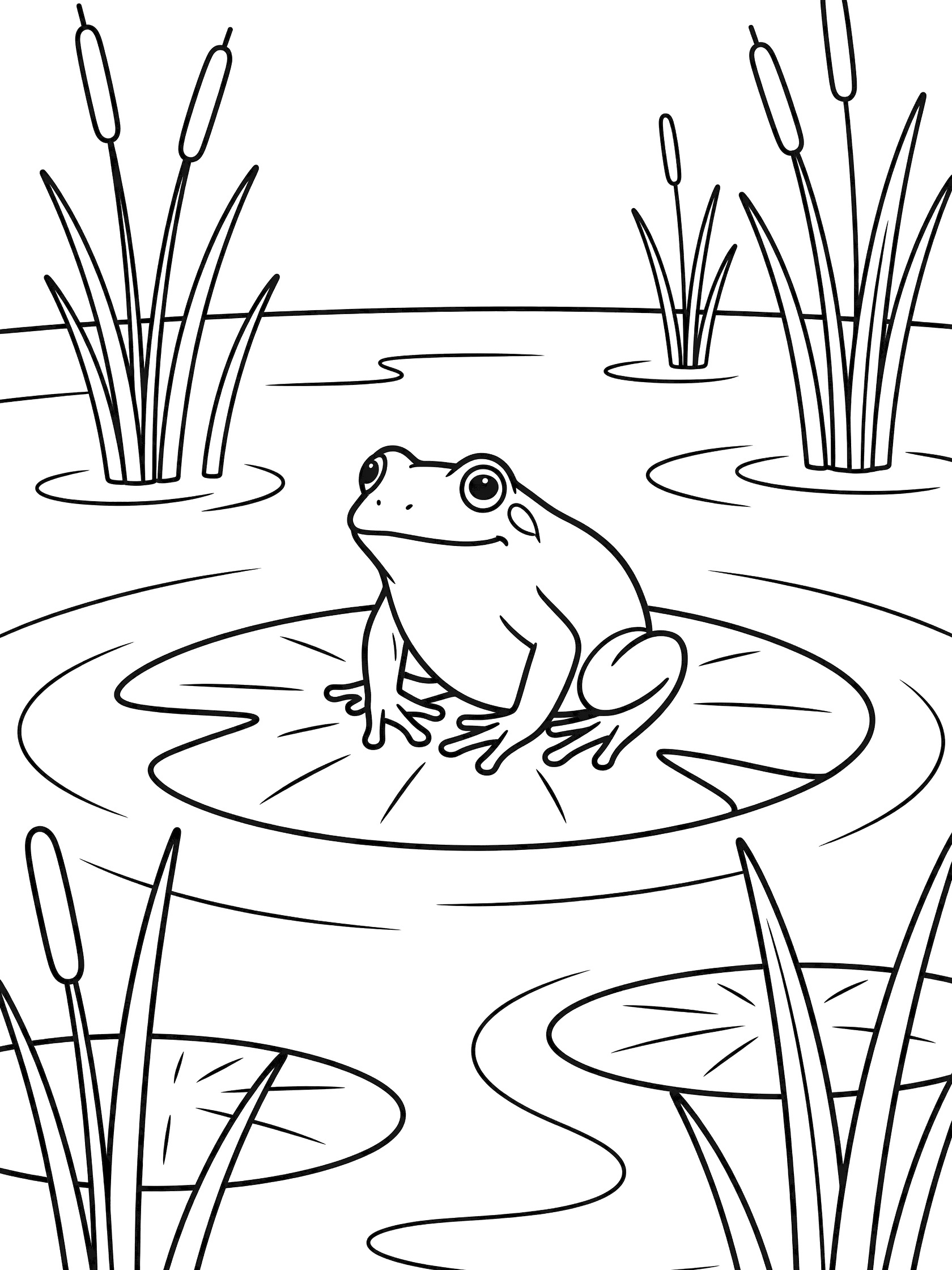 Black and white line art of a frog on a lily pad surrounded by pond water waves and tall reeds, coloring page for children. Bullfrog themed black and white printable line art