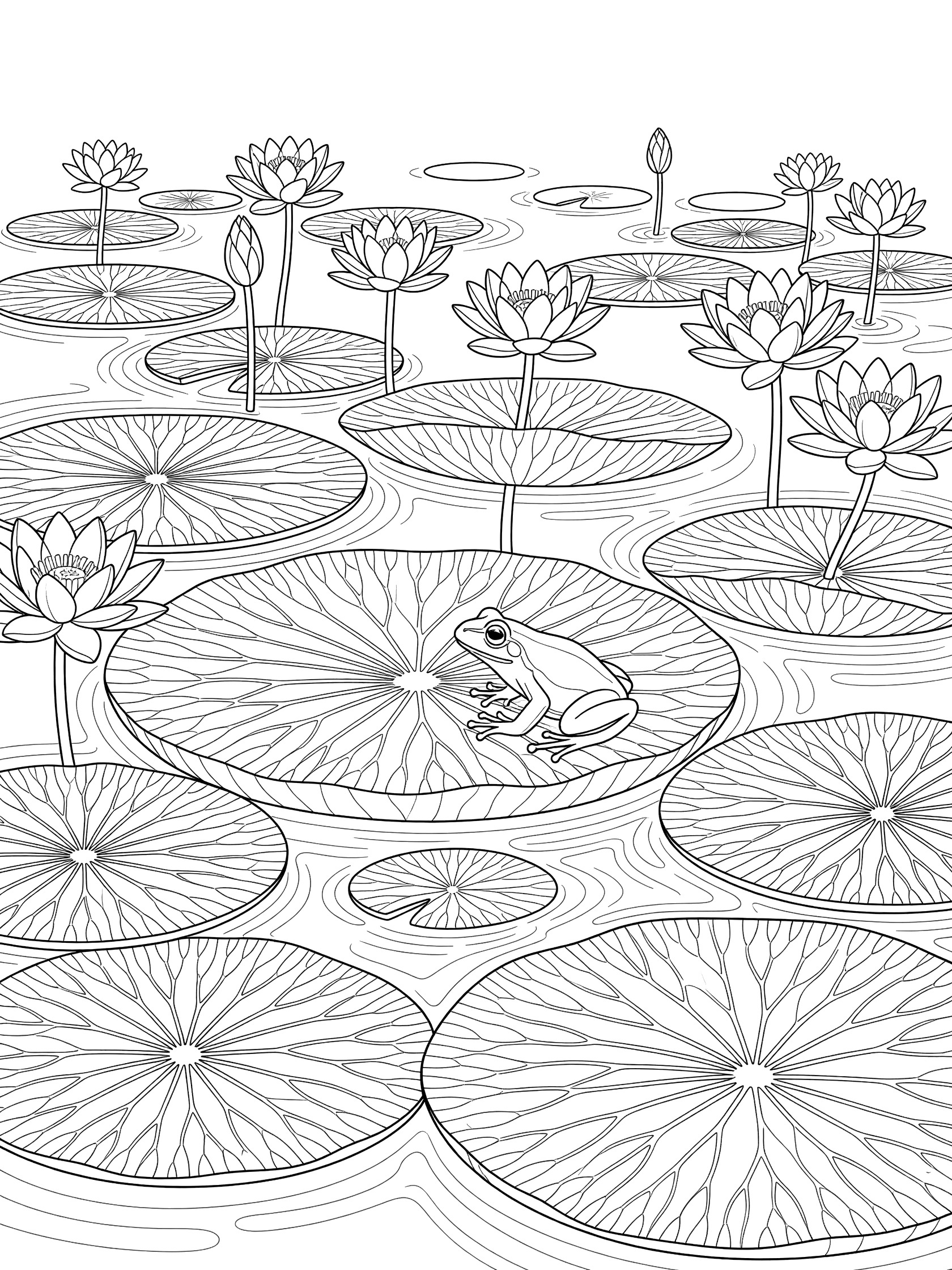 Black and white coloring page of a frog on a large lily pad surrounded by water lilies, stems, leaves, and pond water ripples. Amazon themed black and white printable line art