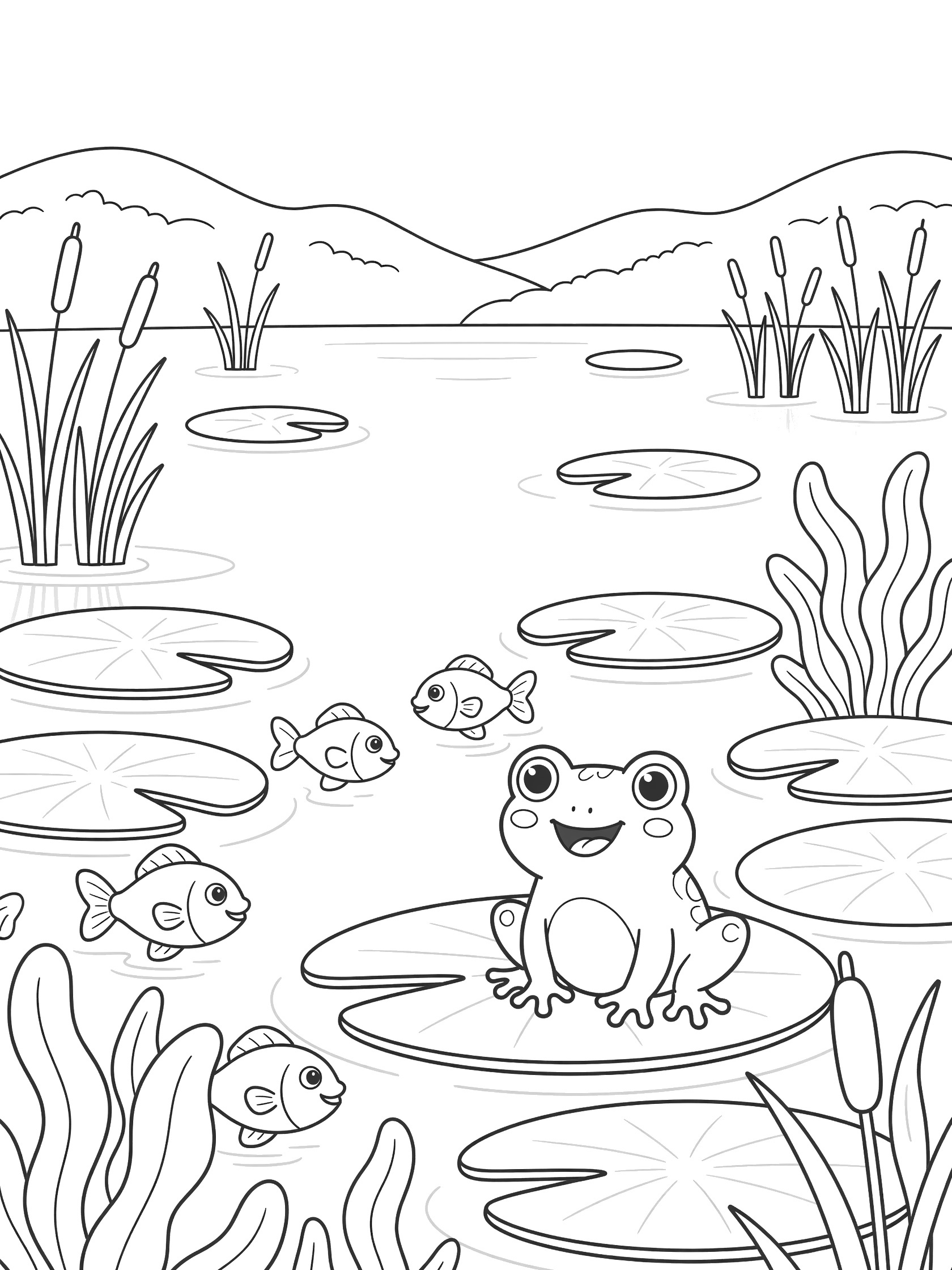 Black and white coloring page showing a frog on a lily pad surrounded by fish, lily pads, reeds, water, and distant hills. Scenic Lakes themed black and white printable line art