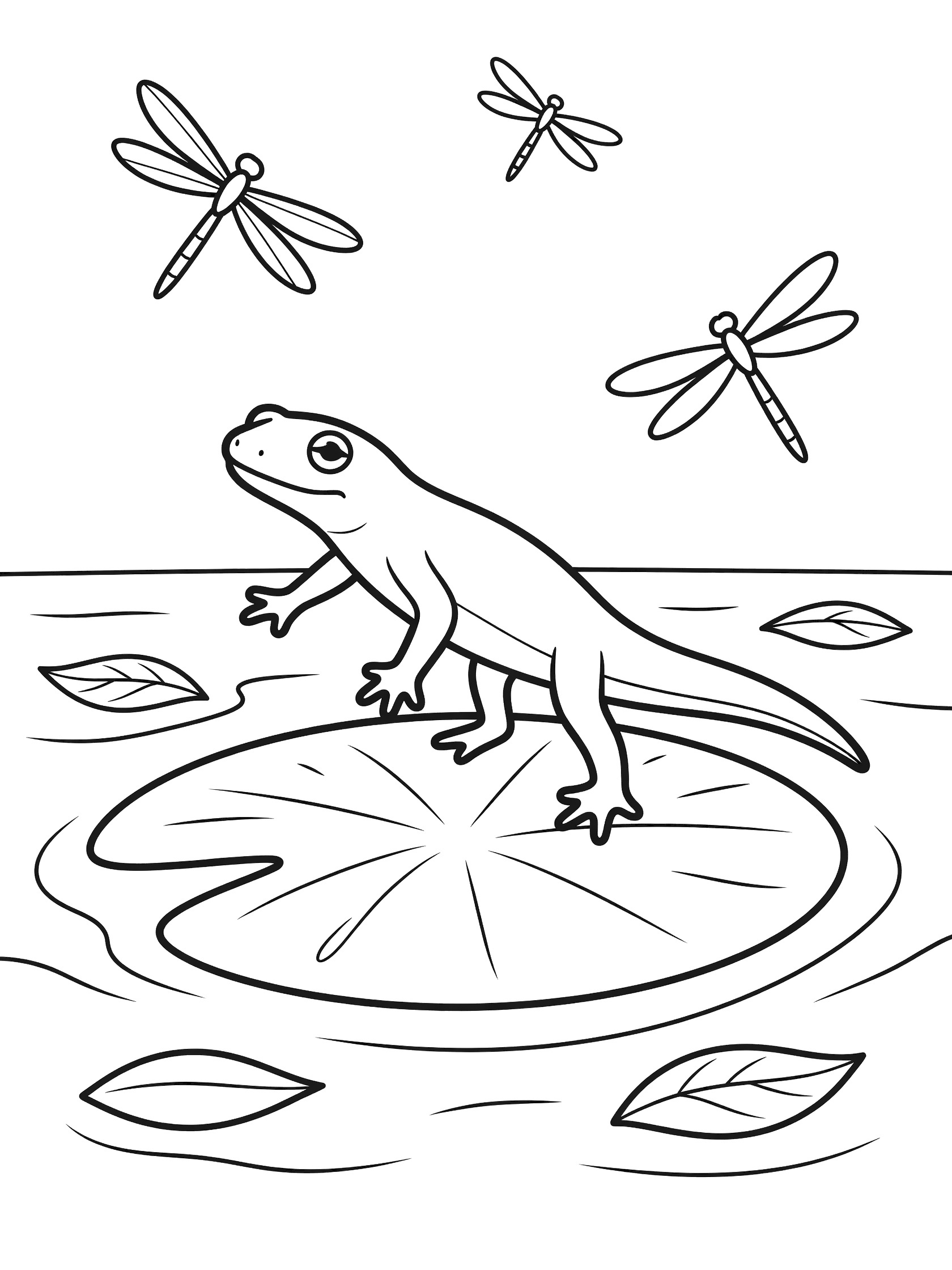Black and white line art coloring page showing a frog on a large lily pad surrounded by water, leaves, and several dragonflies hovering above. Salamander themed black and white printable line art