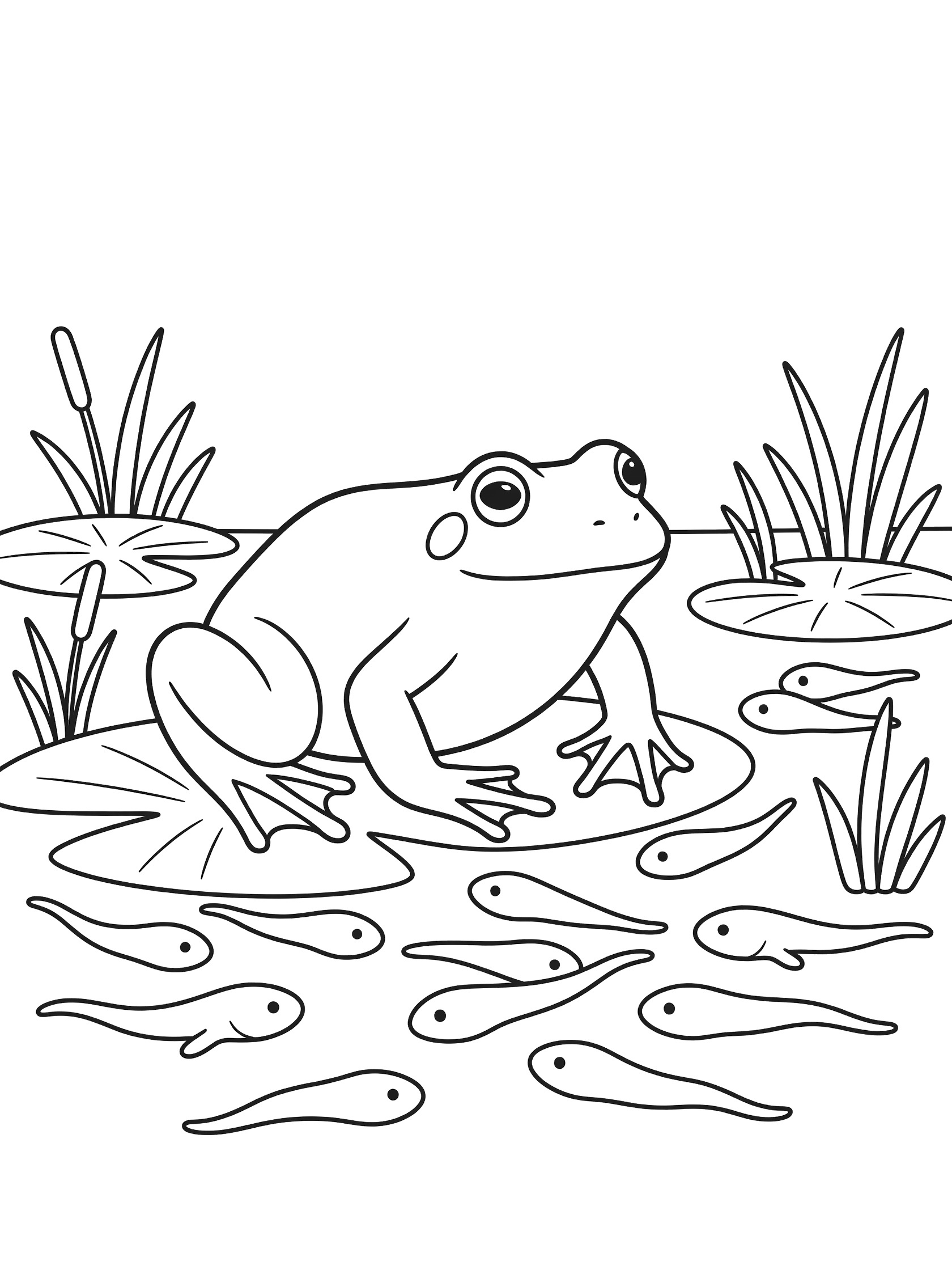 Black and white line drawing of a frog on a lily pad surrounded by tadpoles swimming in water with reeds and leaves. Bullfrog themed black and white printable line art