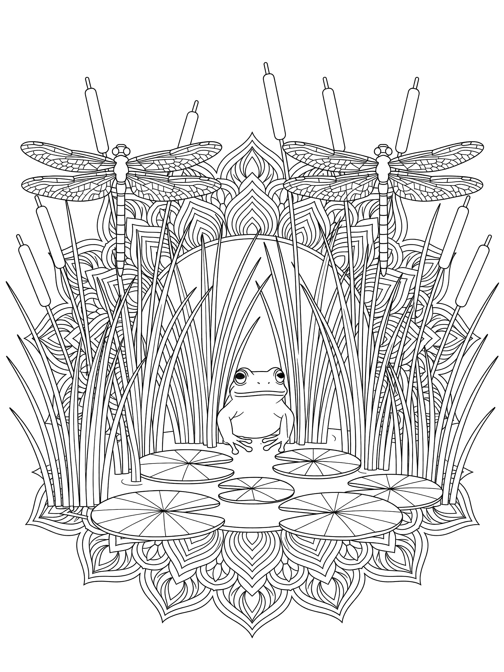 Black and white line art coloring page showing a frog sitting on lily pads surrounded by tall reeds and dragonflies with detailed wing patterns.