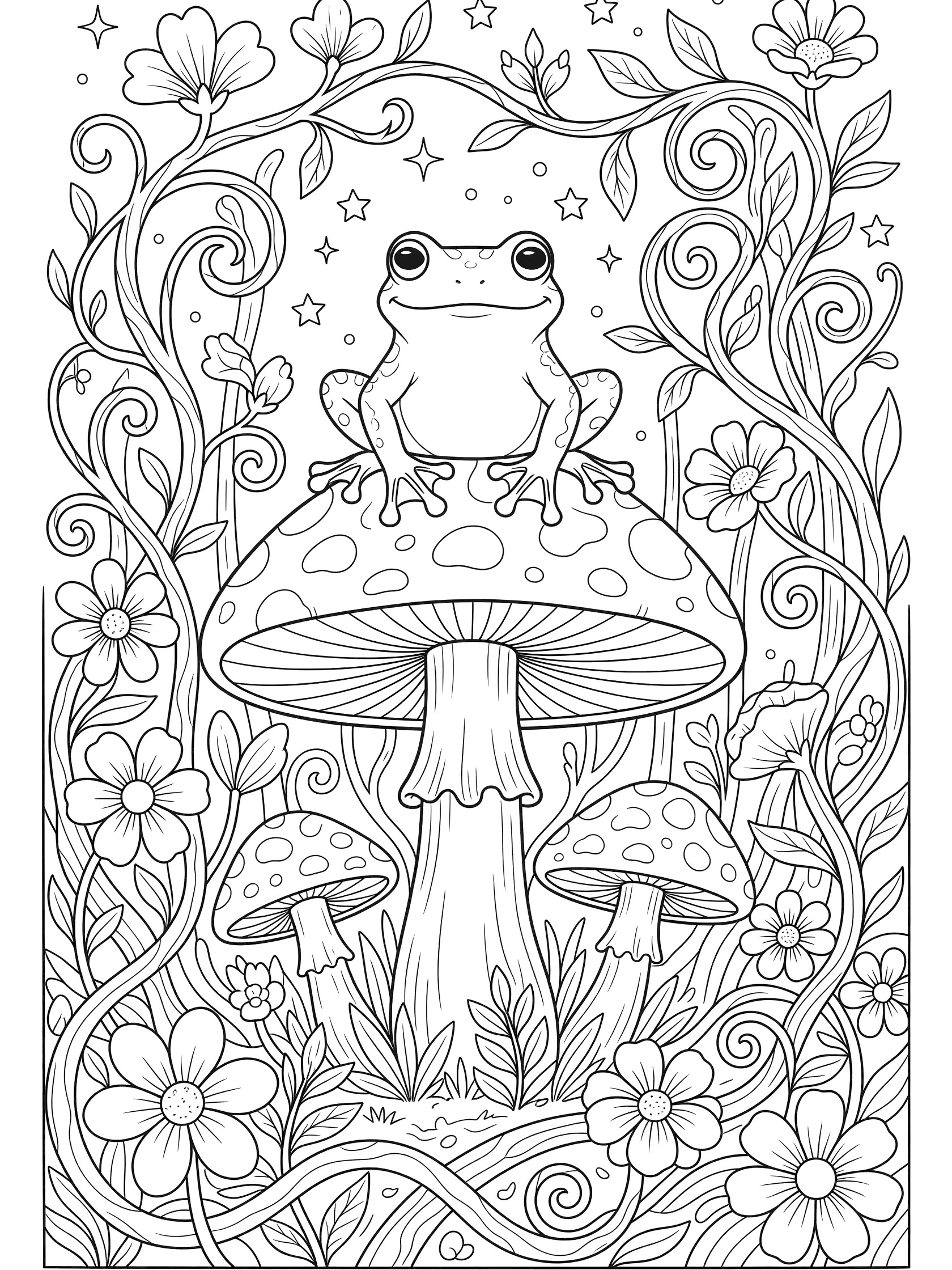 Black and white line art coloring page showing a cute frog perched on a large spotted mushroom cap, surrounded by twisting vines, flowers, small mushrooms, and sparkling stars.