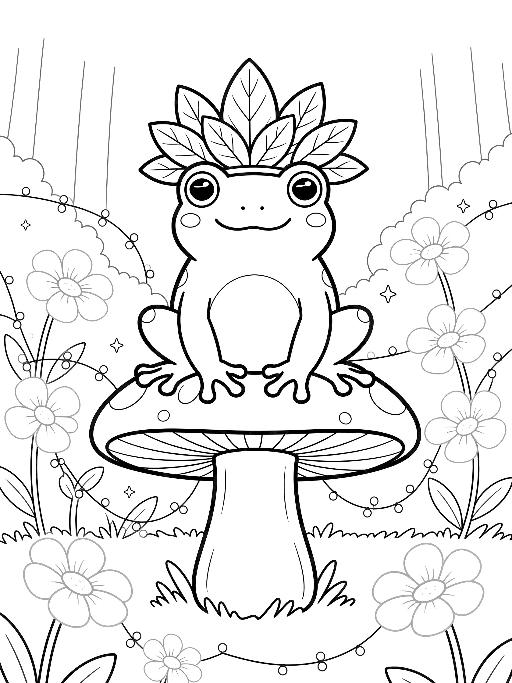 Black and white line art of a cute frog with leaf crown sitting on a mushroom in a flower glade with vines and dots.