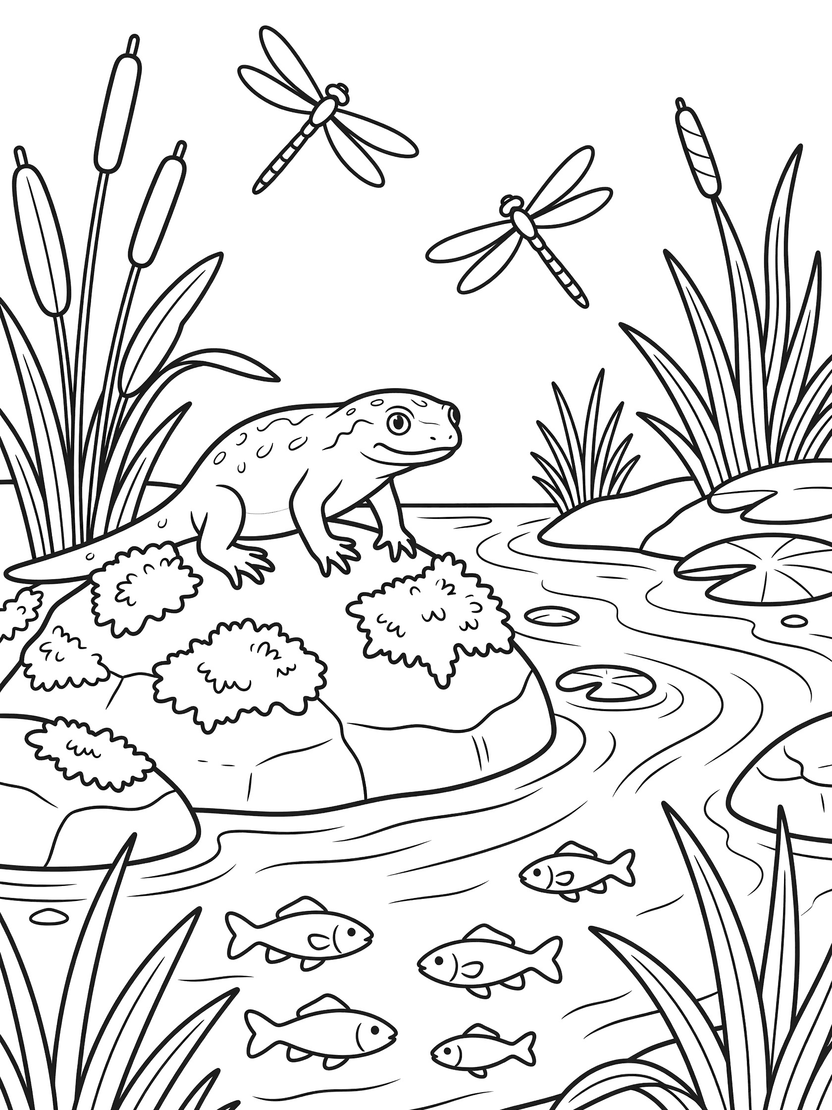 Black and white line art coloring page showing a frog on a mossy rock next to a stream with swimming fish, flying dragonflies, tall reeds, and water plants. Newt themed black and white printable line art