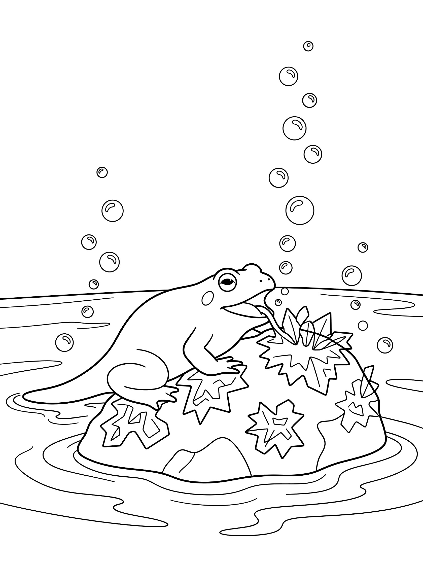 Black and white line art of a frog on a rock surrounded by water and bubbles. Tadpole themed black and white printable line art