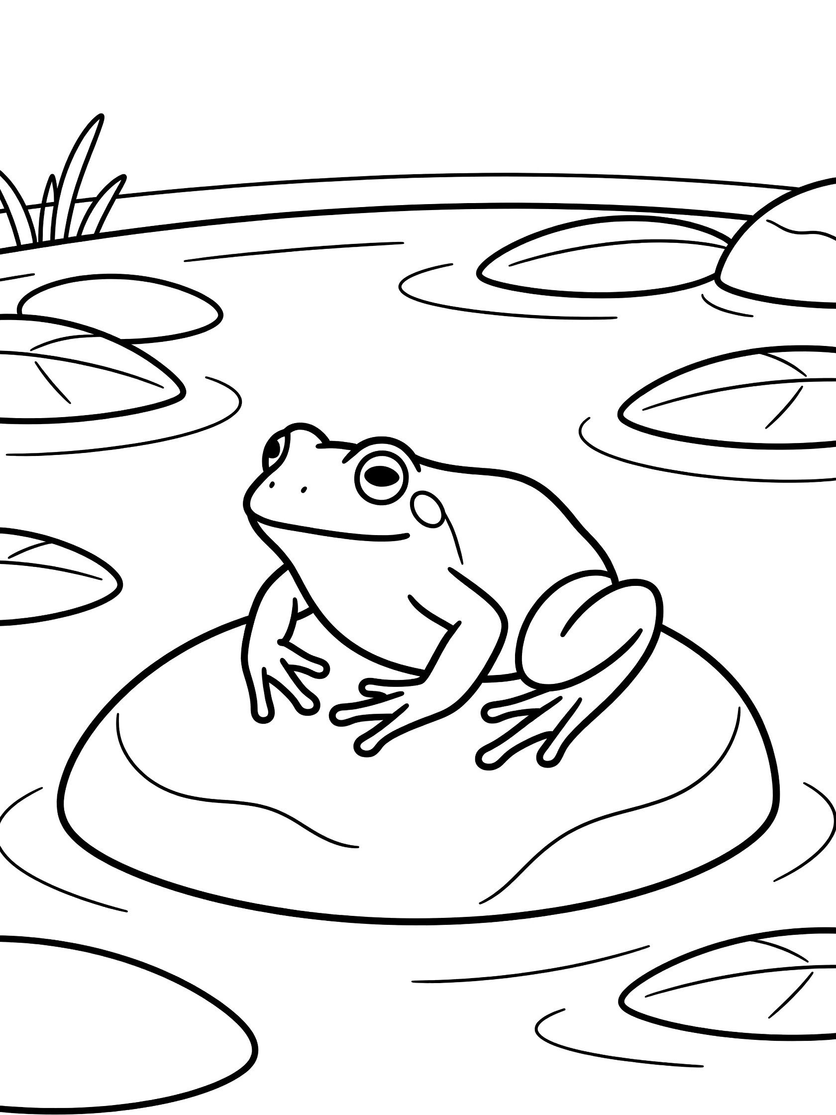 Black and white coloring page of a frog on a rock surrounded by pond water and lily pads. Bullfrog themed black and white printable line art