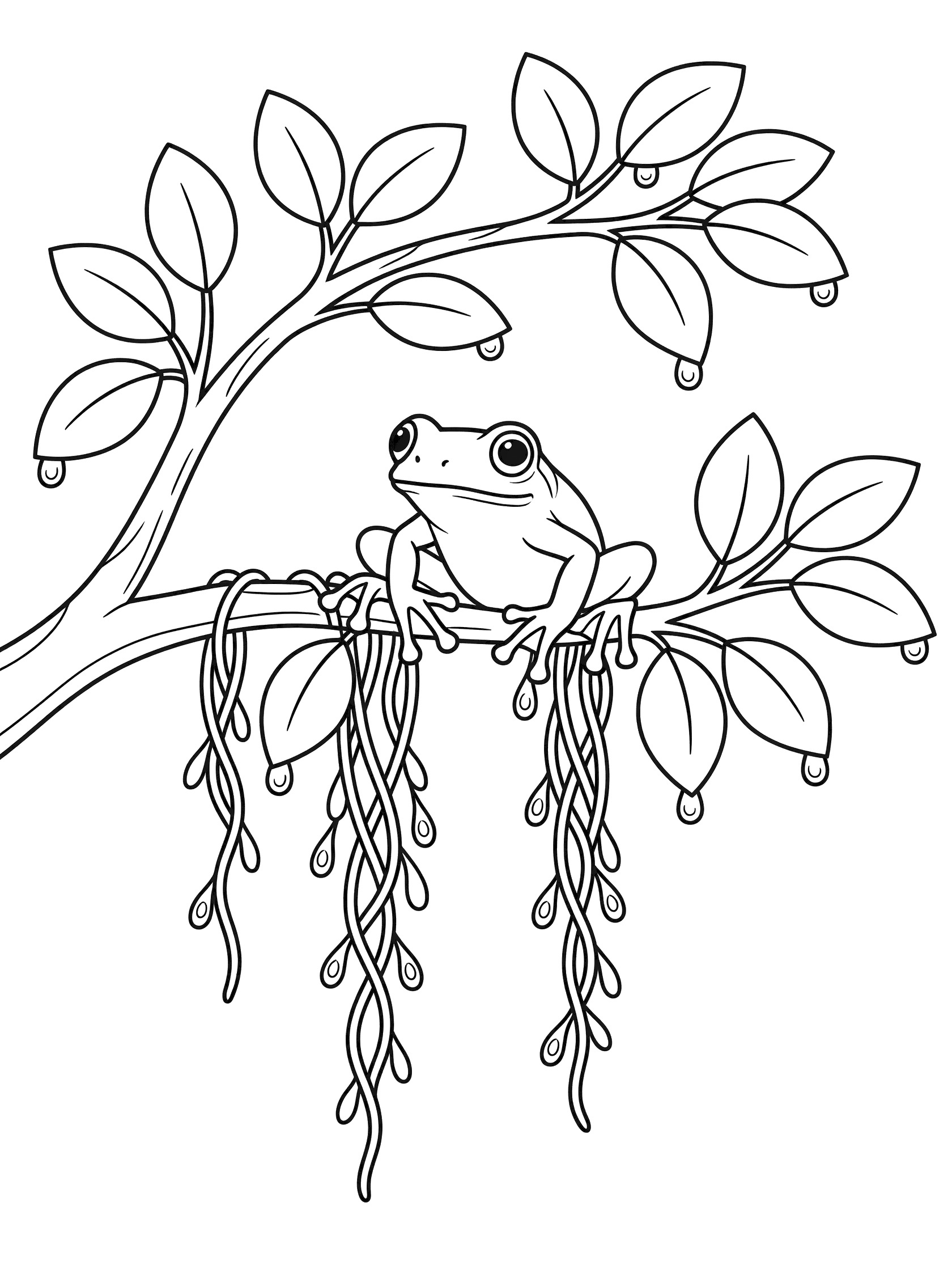 Black and white line art coloring page showing a frog clinging to a curved tree branch with leaves, dangling vines, and dew drops.