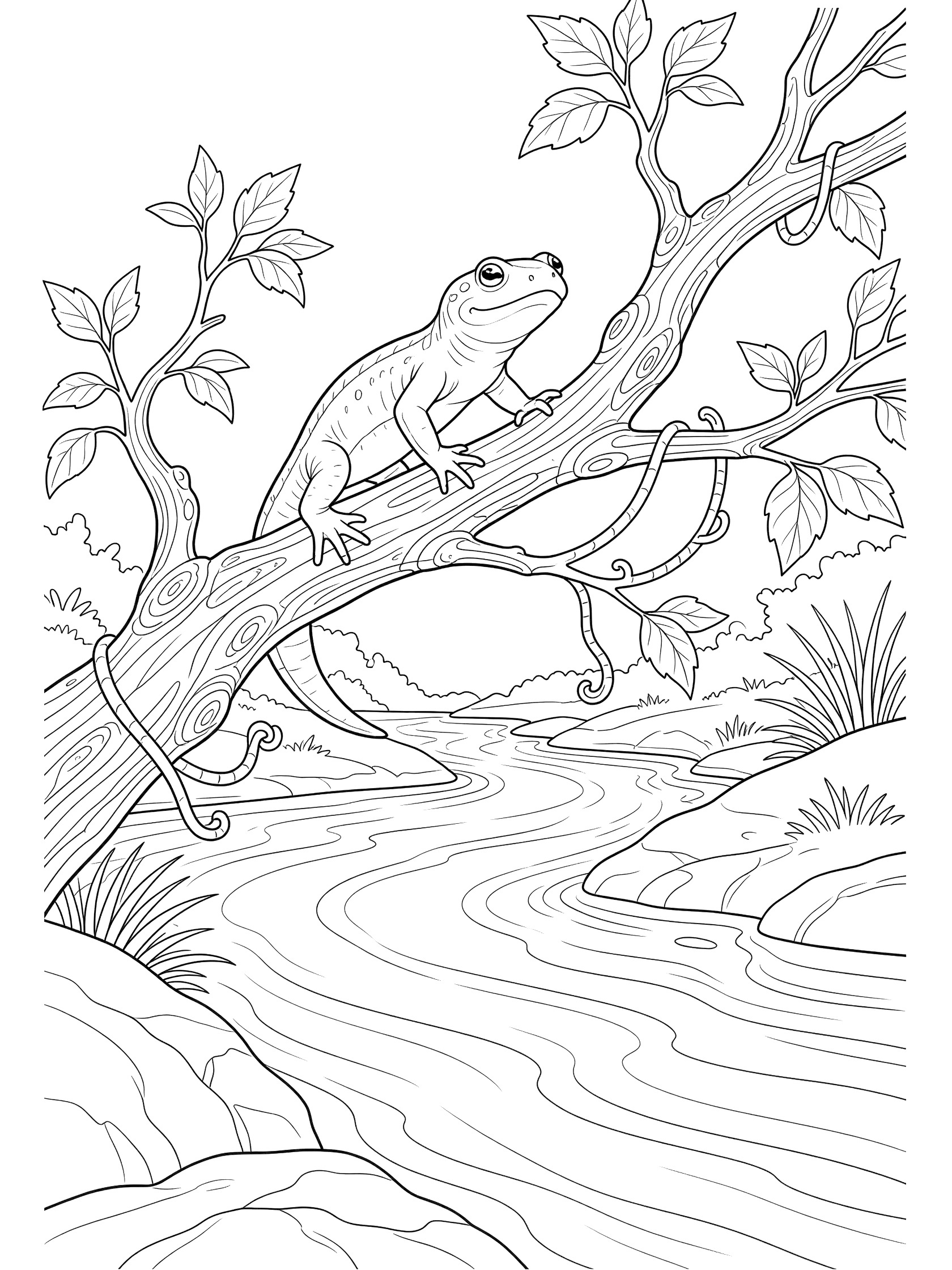 Black and white line art coloring page showing a frog on a twisted tree branch overhanging a stream, with leaves, vines, and rocks. Newt themed black and white printable line art