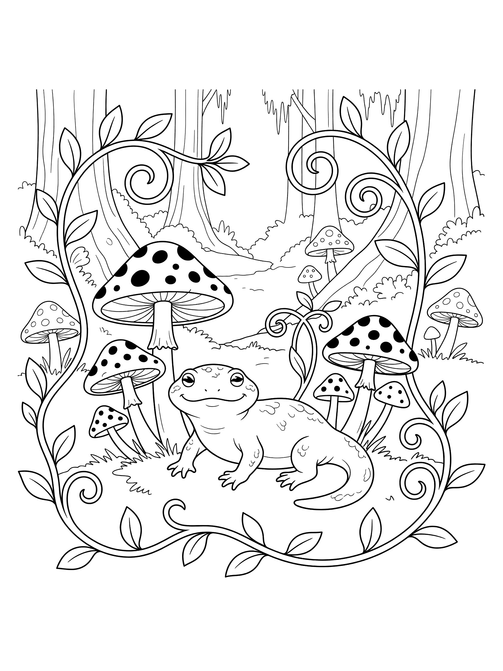Black and white line art coloring page showing a small frog sitting on the ground surrounded by mushrooms with spots and curly vines in a forest scene. Newt themed black and white printable line art