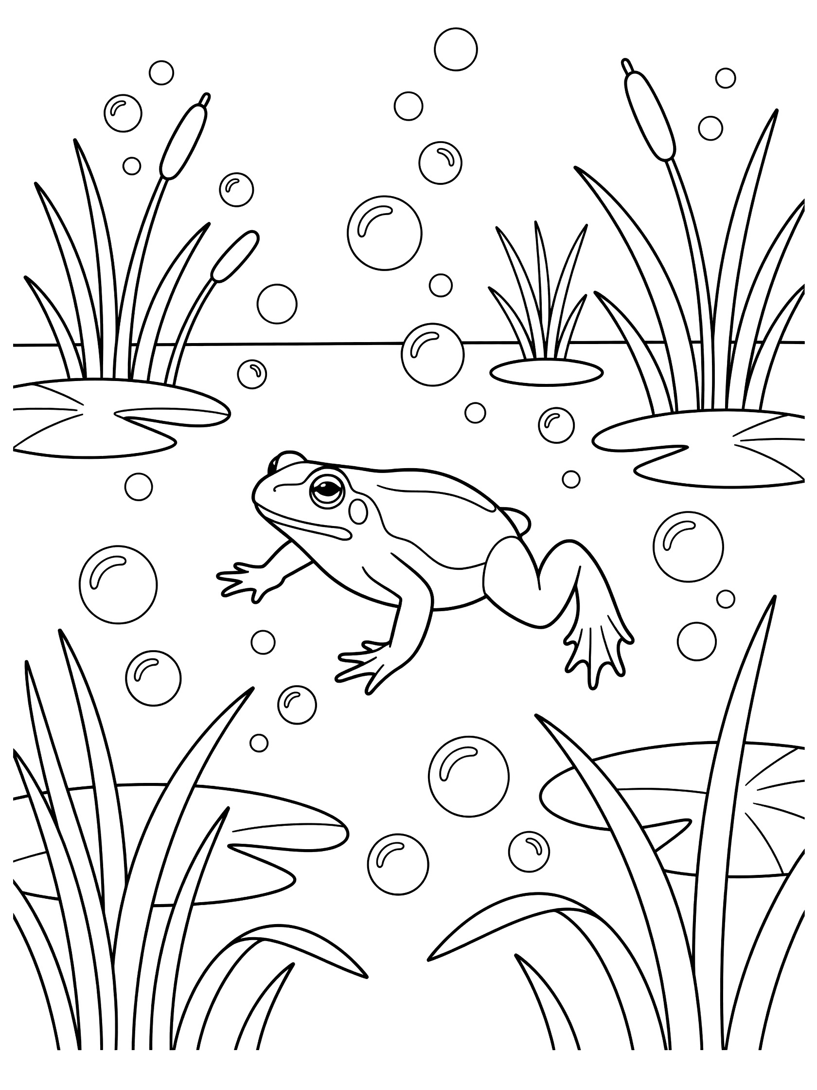 Black and white line art coloring page showing a frog swimming in a pond surrounded by bubbles, lily pads, and tall reeds. Toad themed black and white printable line art