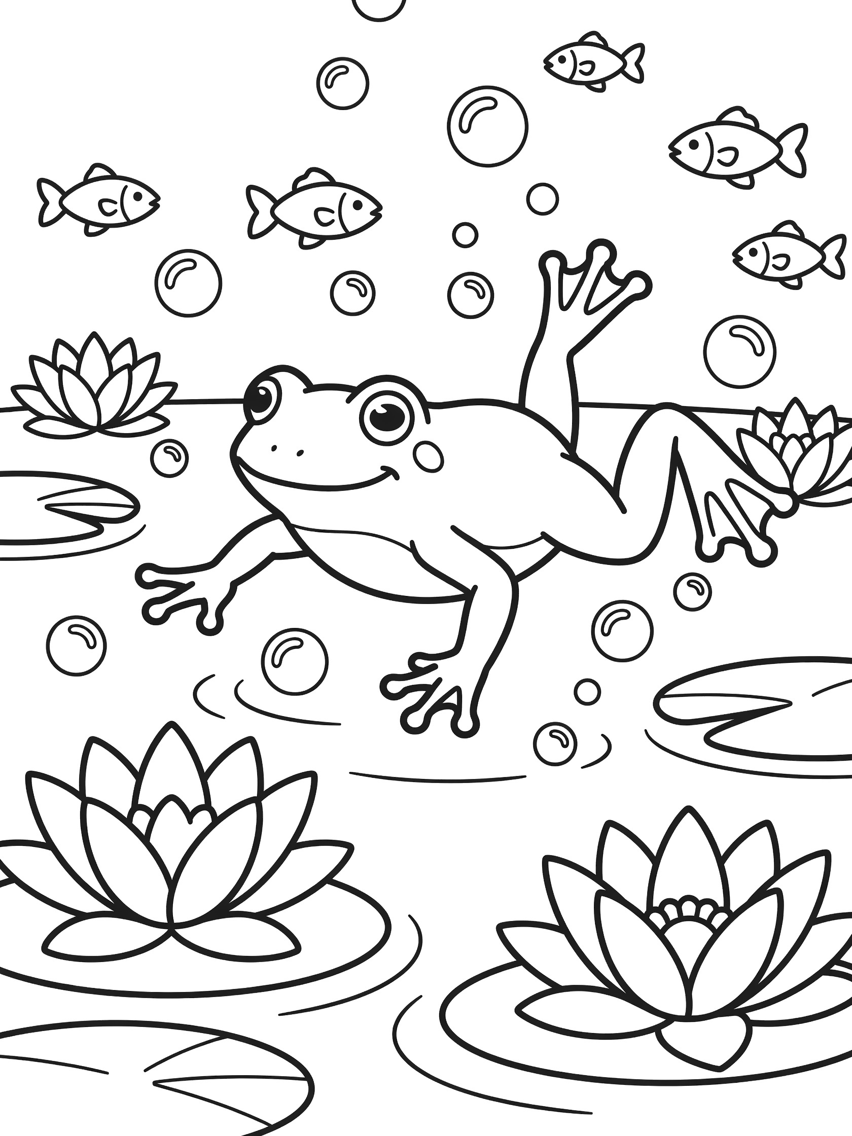 Black and white line art coloring page showing a frog swimming in water with bubbles, fish, and water lily flowers.