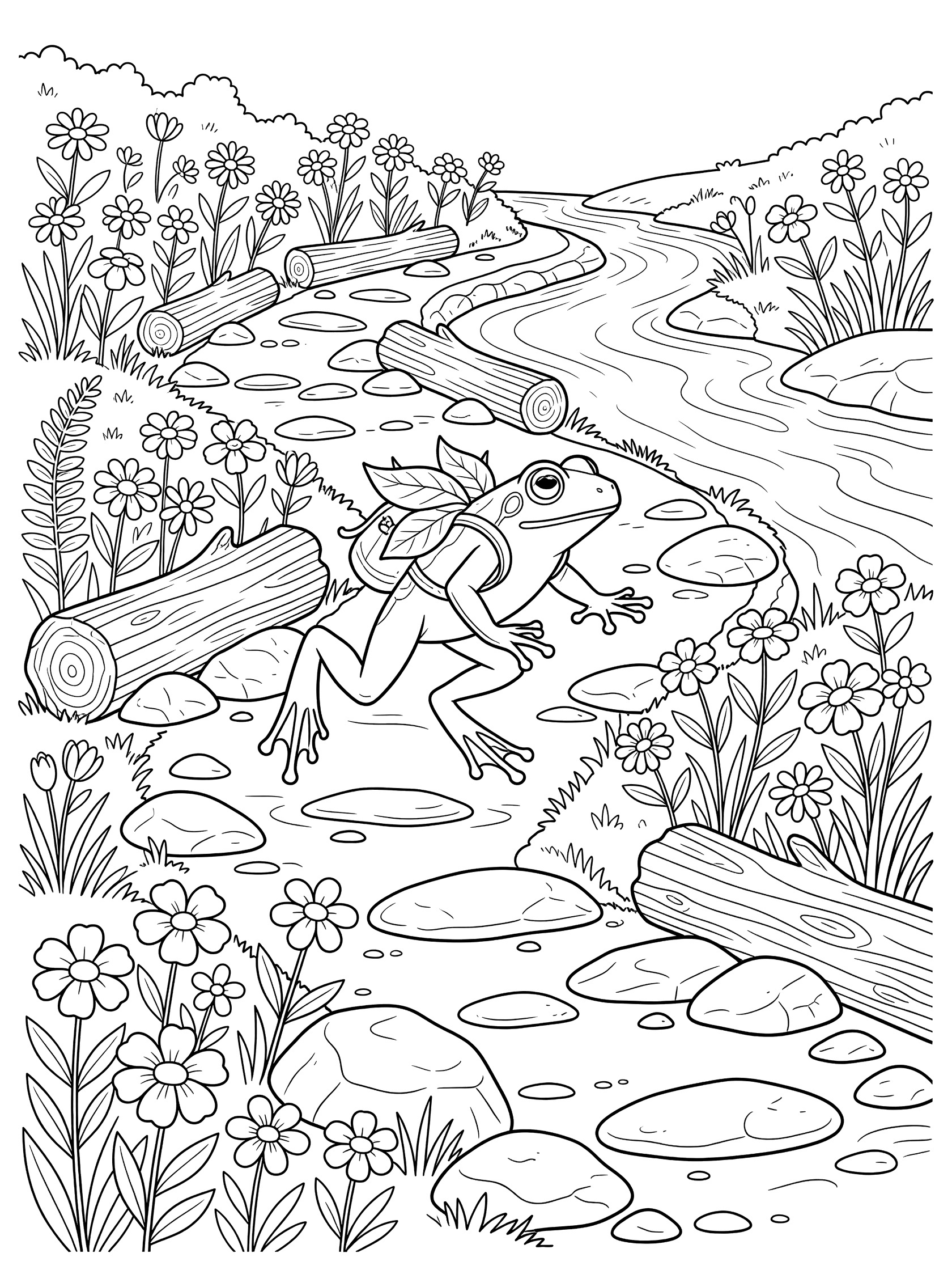 Black and white line art coloring page showing a frog carrying a leaf backpack, hopping over rocks and logs on a winding forest path lined with flowers next to a stream.