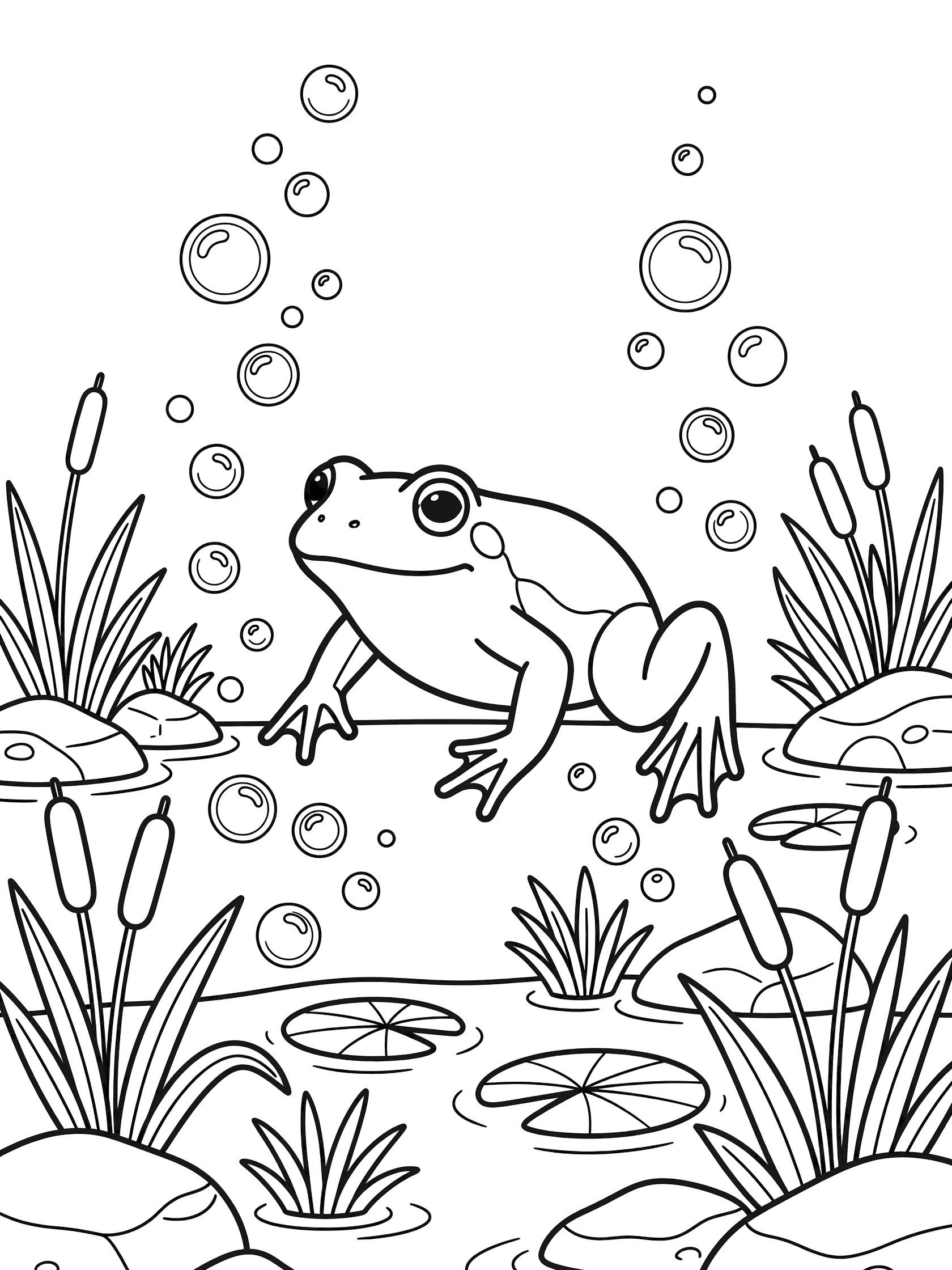 Black and white line art coloring page showing a frog on lily pads surrounded by water bubbles, tall reeds, grass, and rocks. Bullfrog themed black and white printable line art