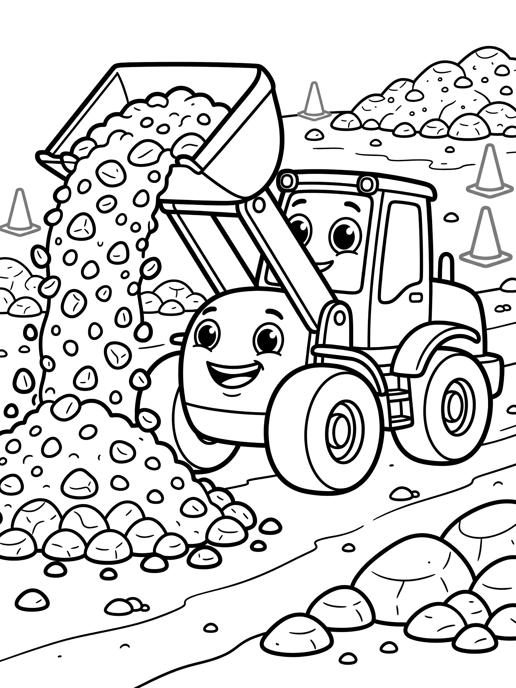 Black and white coloring page showing a happy cartoon front loader with lifted bucket spilling gravel, surrounded by rocks, cones, and a dirt path